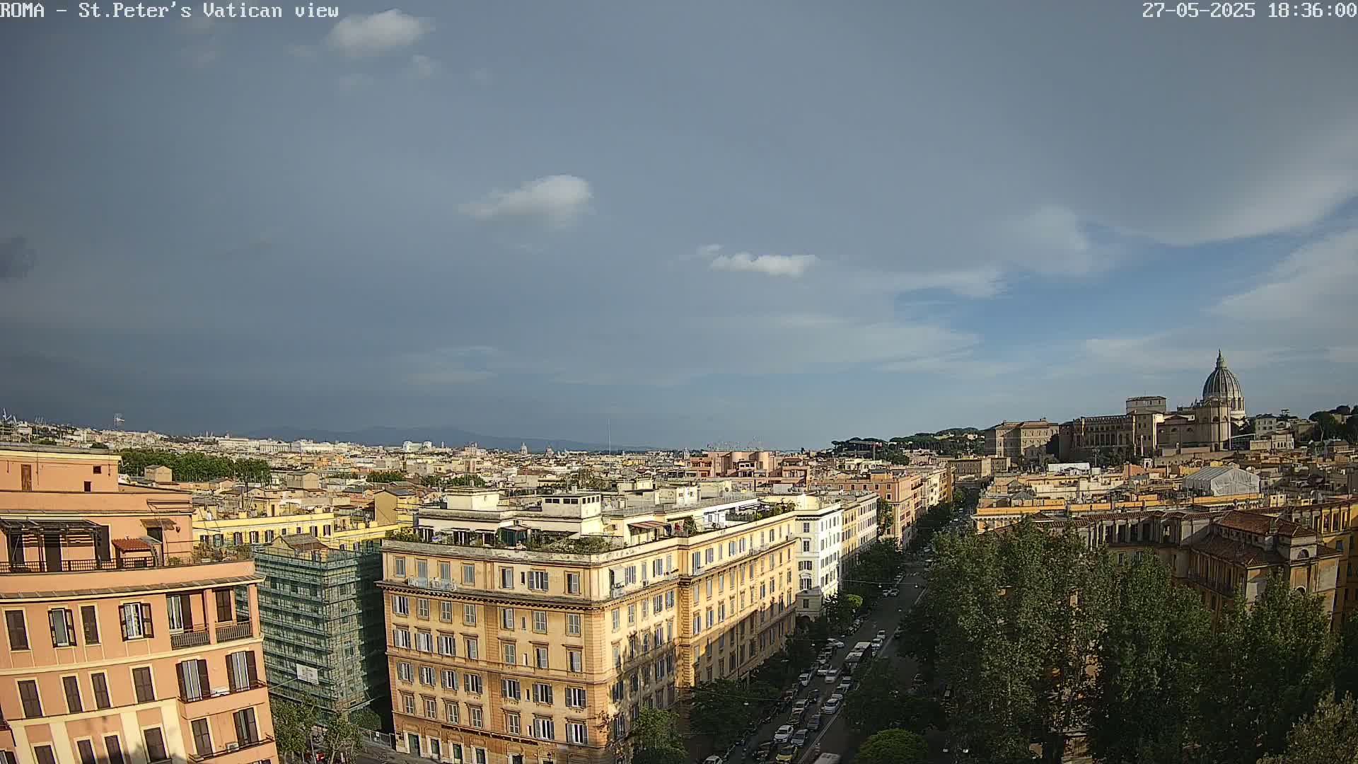 A high-angle view of Rome, Italy, under a partly cloudy sky shows a cityscape with buildings, trees, and the dome of St. Peter's Basilica in the distance.