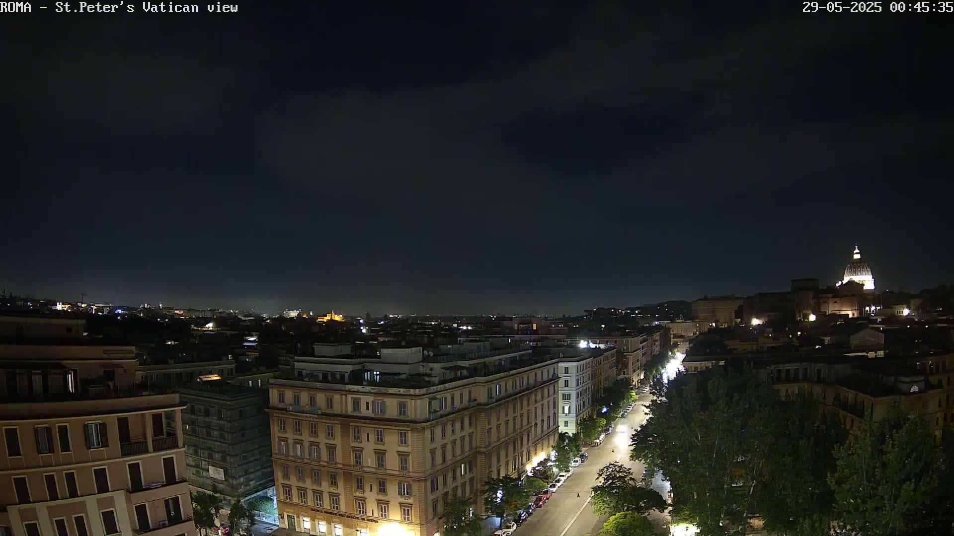 A nighttime view of a city street with buildings, trees, and the dome of St. Peter's Basilica in the distance under a mostly clear, dark sky.