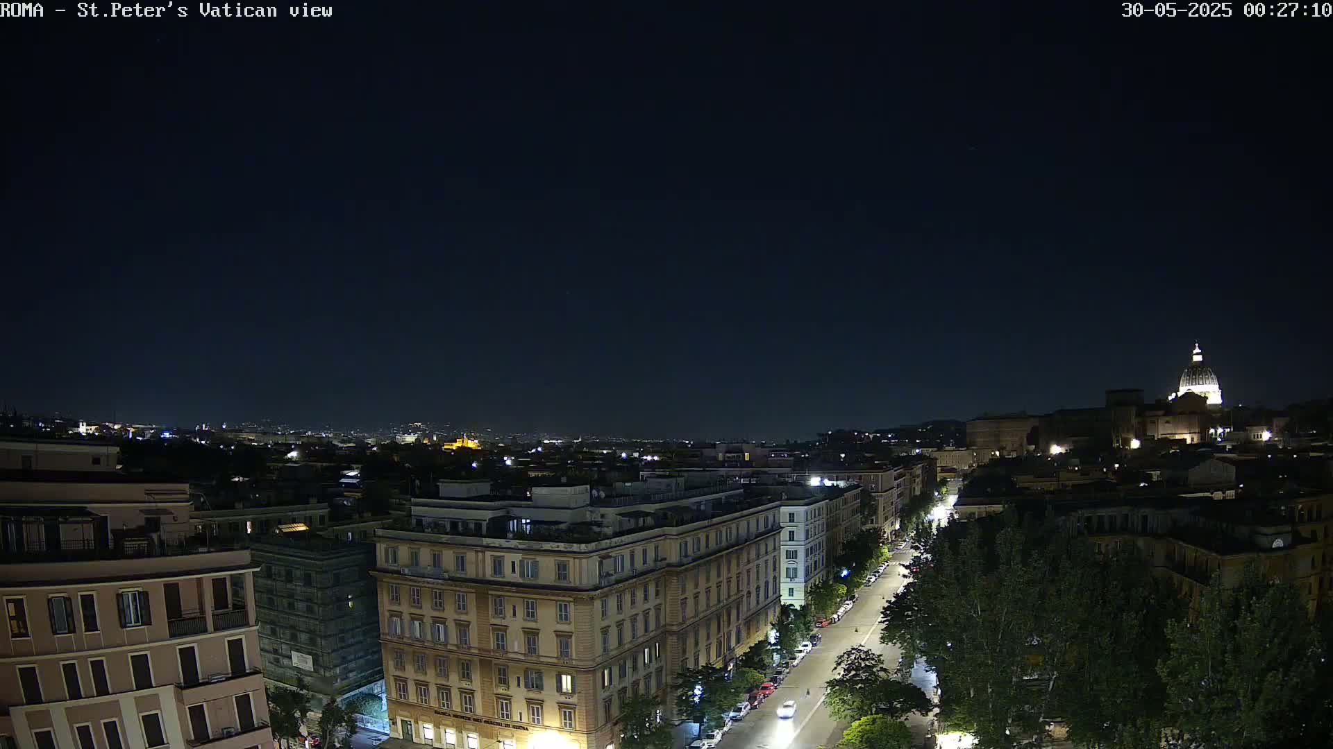 A nighttime view of a city street lined with buildings, leading to a large dome-shaped structure in the distance under a clear, dark sky.
