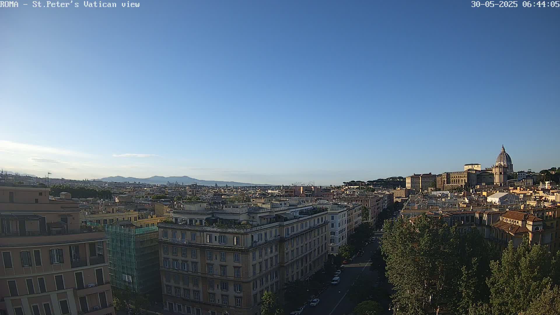 A clear blue sky overlooks a cityscape of Rome, Italy, showing buildings, streets, and trees, with St. Peter's Basilica visible in the distance.