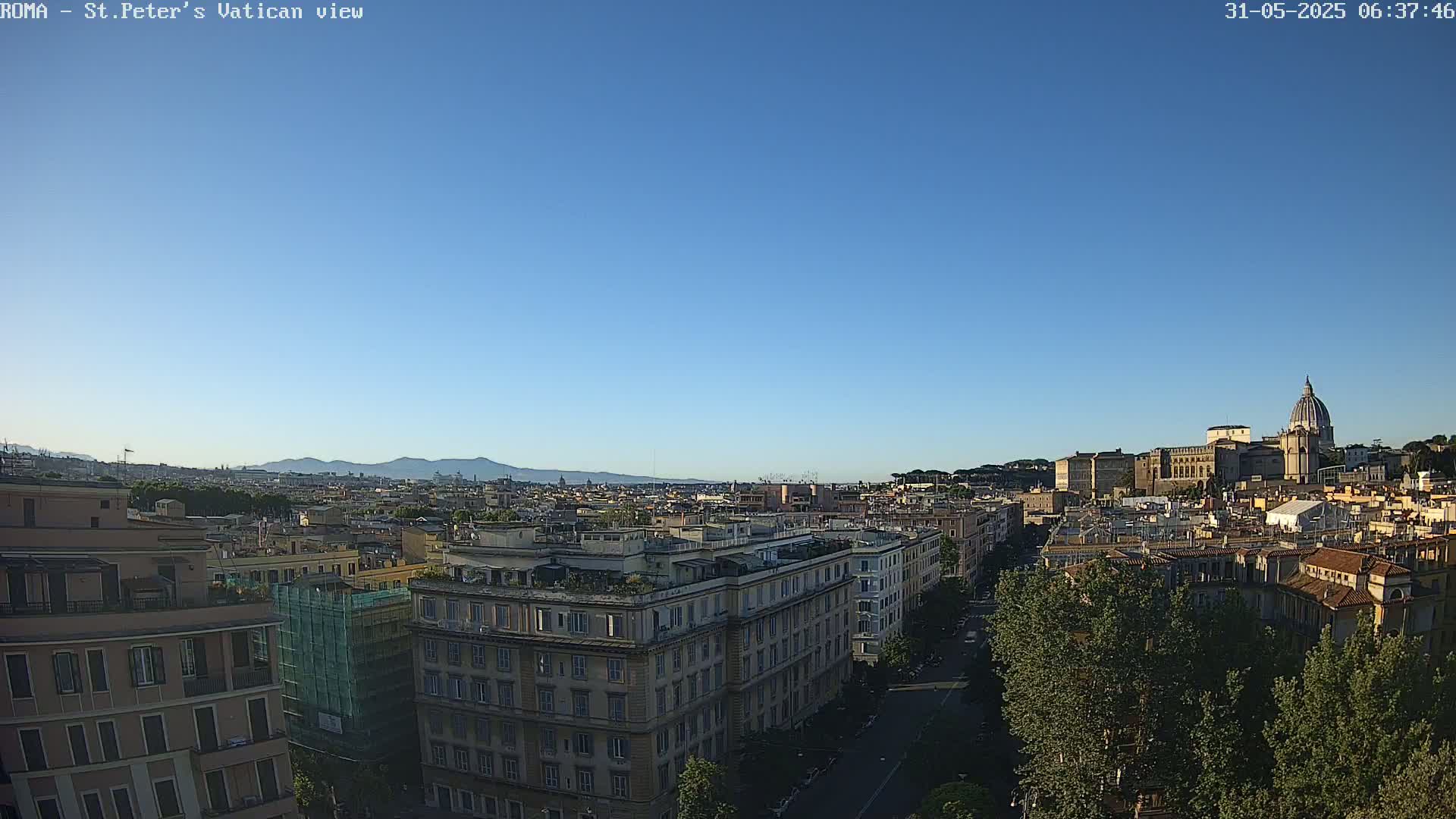A clear, sunny day reveals a panoramic view of Rome, with the St. Peter's Basilica dome visible in the distance, overlooking a cityscape of buildings and streets lined with trees.