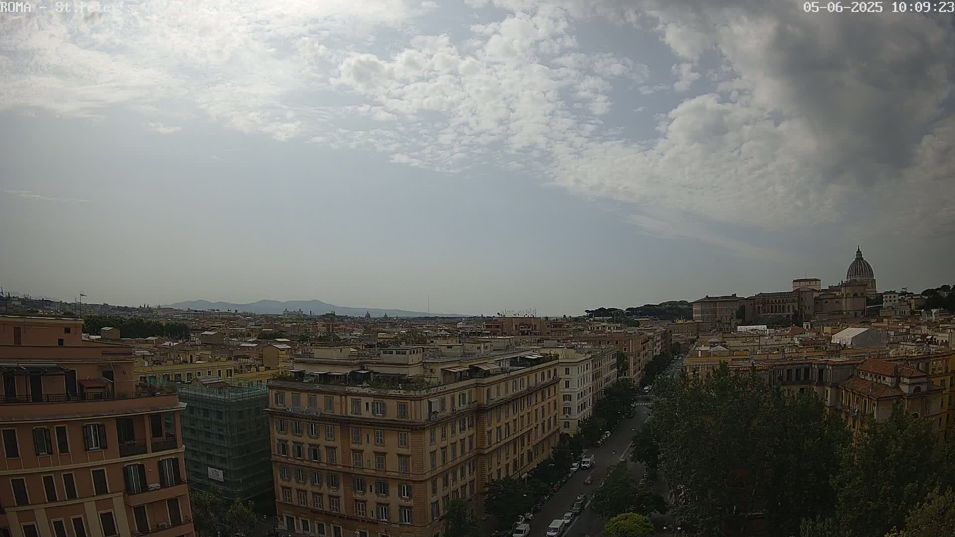 A partly cloudy sky overlooks a cityscape of multi-story buildings, with the dome of St. Peter's Basilica visible in the distance.