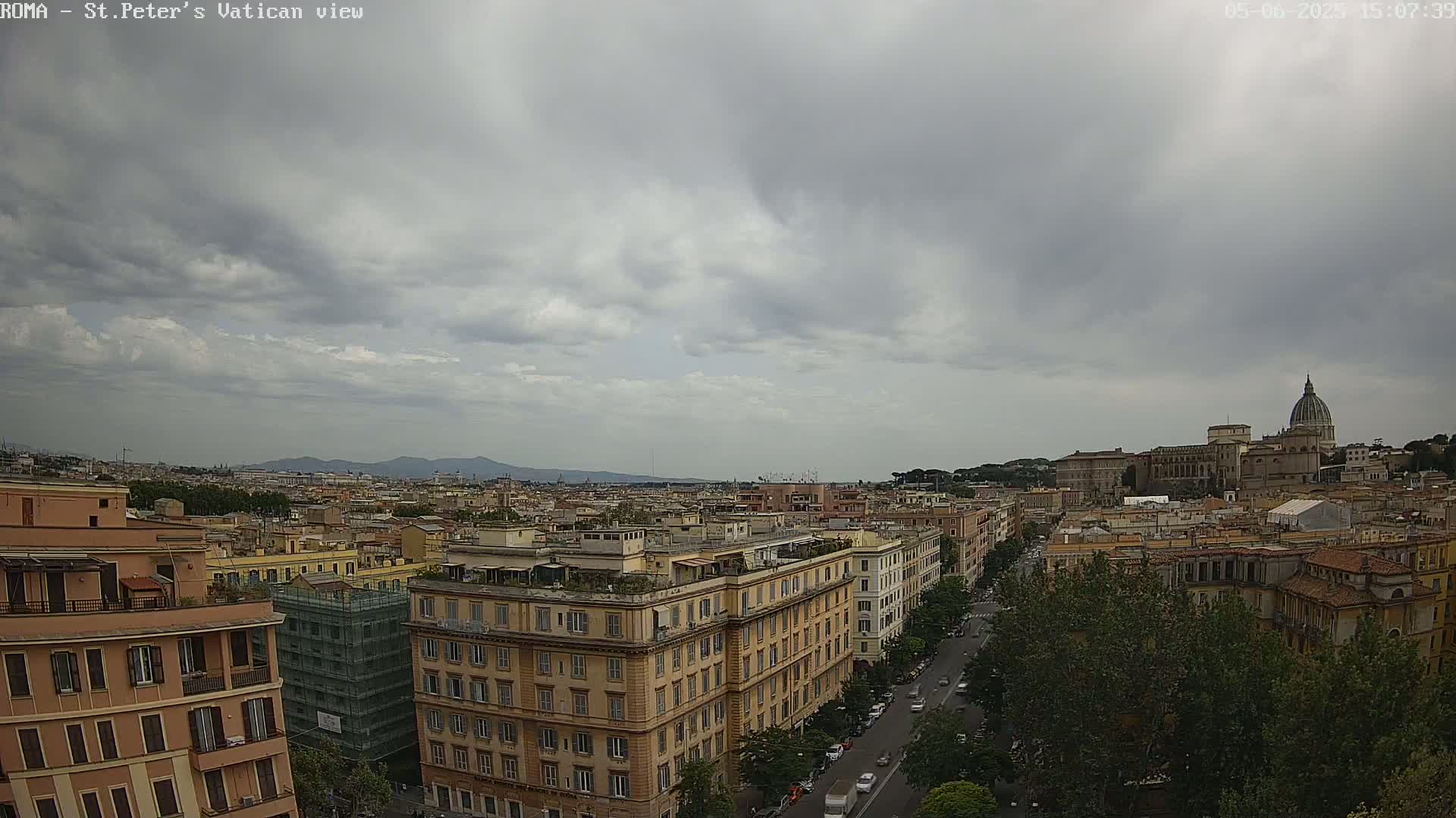 A wide shot of Rome, Italy on an overcast day, shows a cityscape of multi-story buildings, a street with cars, and the dome of St. Peter's Basilica in the distance.