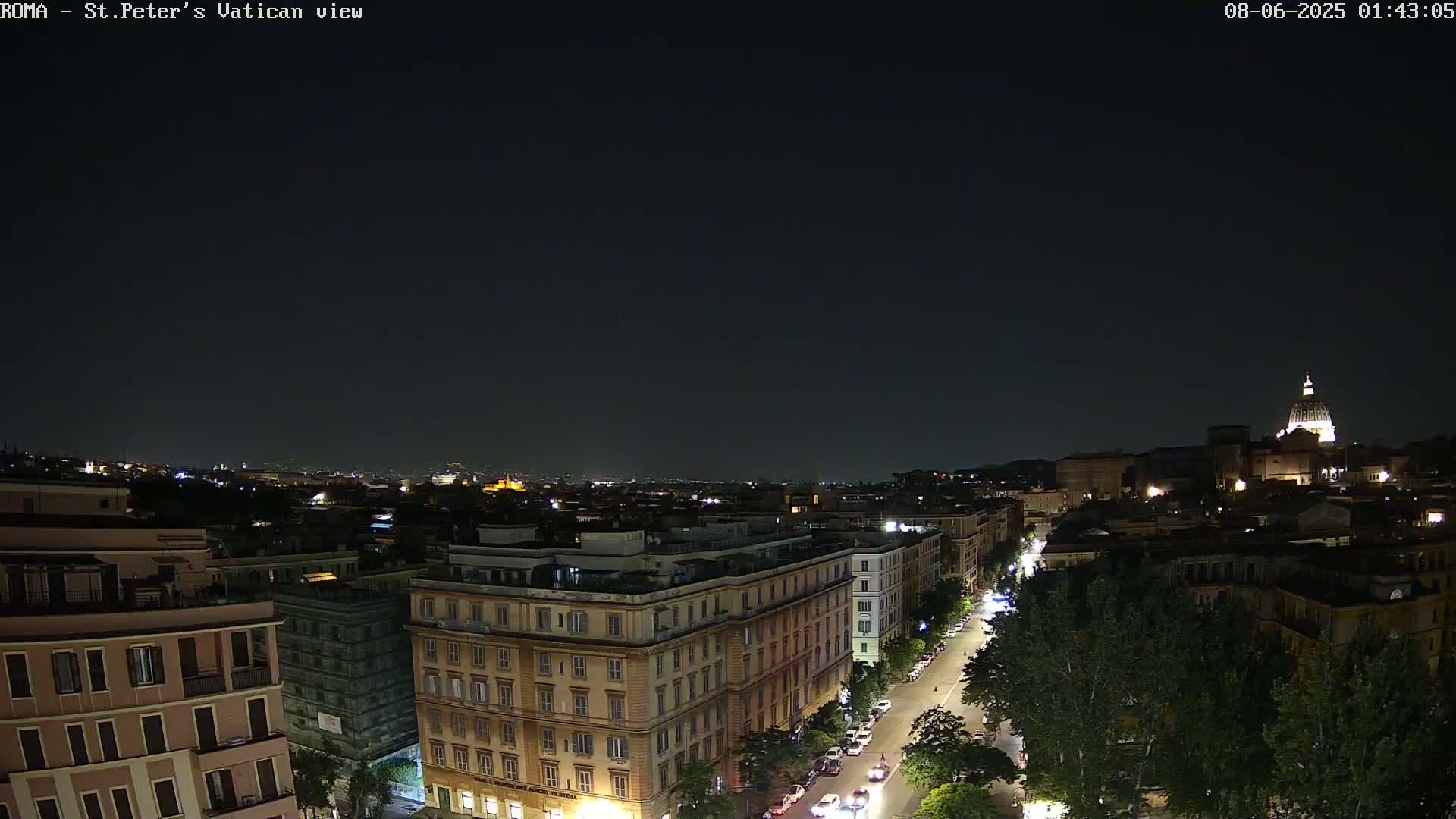 A nighttime, city view shows a street lined with trees and buildings, with the dome of St. Peter's Basilica visible in the distance under a clear, dark sky.