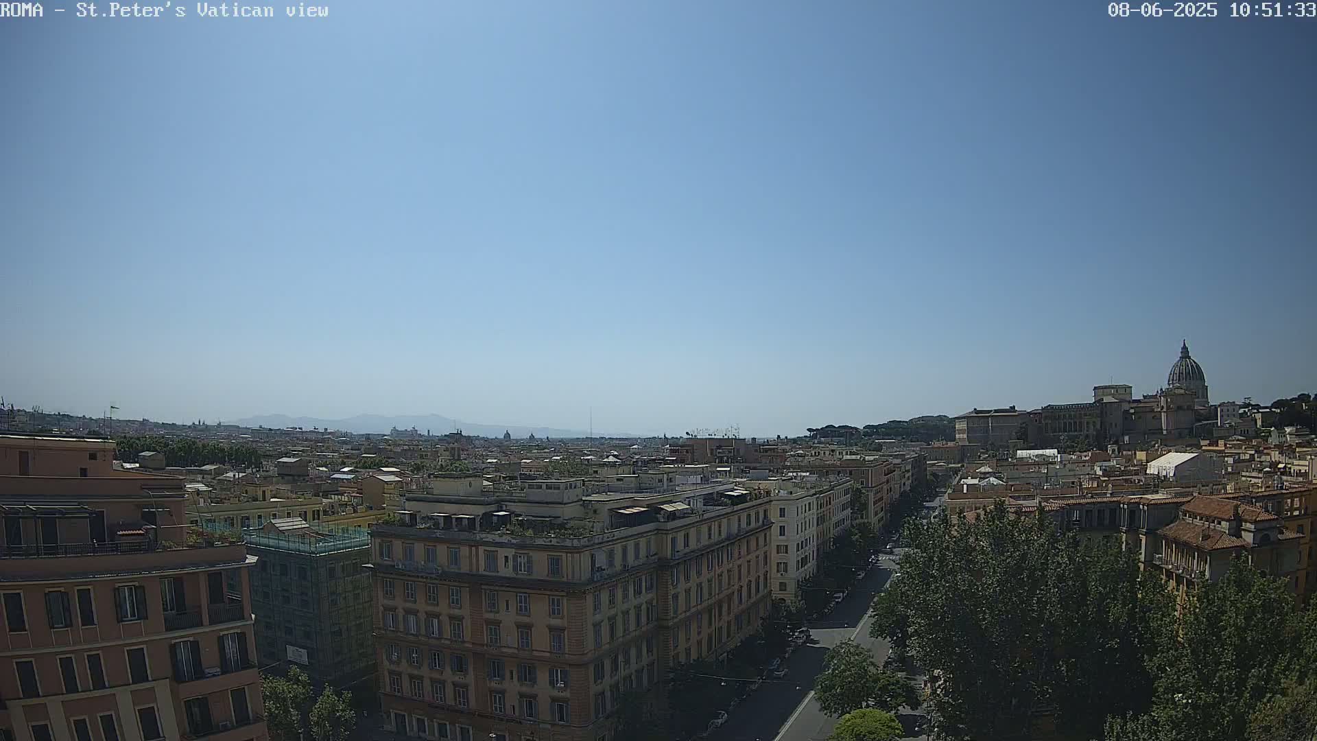 A clear, sunny day reveals a panoramic view of Rome's cityscape, featuring multi-story buildings, tree-lined streets, and St. Peter's Basilica in the distance.