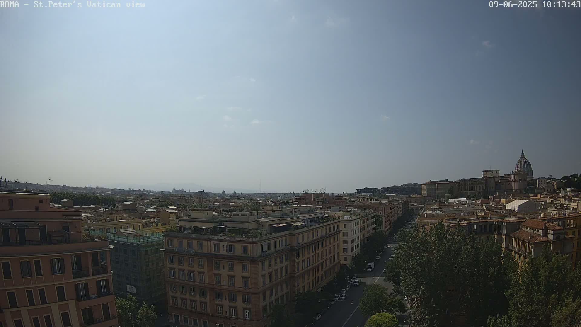 A high-angle, long shot of a cityscape on a clear, sunny day, showing a distant view of St. Peter's Basilica.