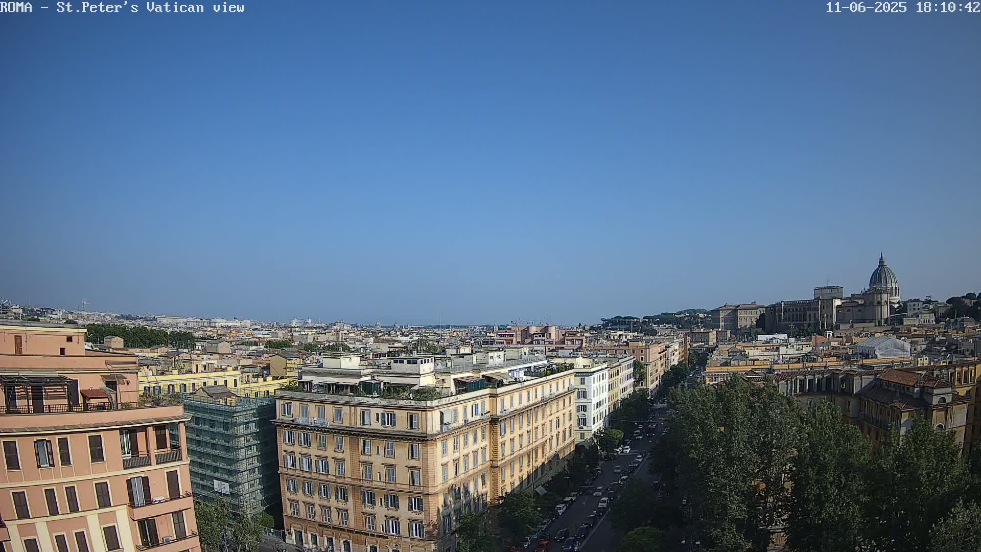 A high-angle, long shot on a clear day shows a cityscape of Rome, Italy, with St. Peter's Basilica visible in the distance.
