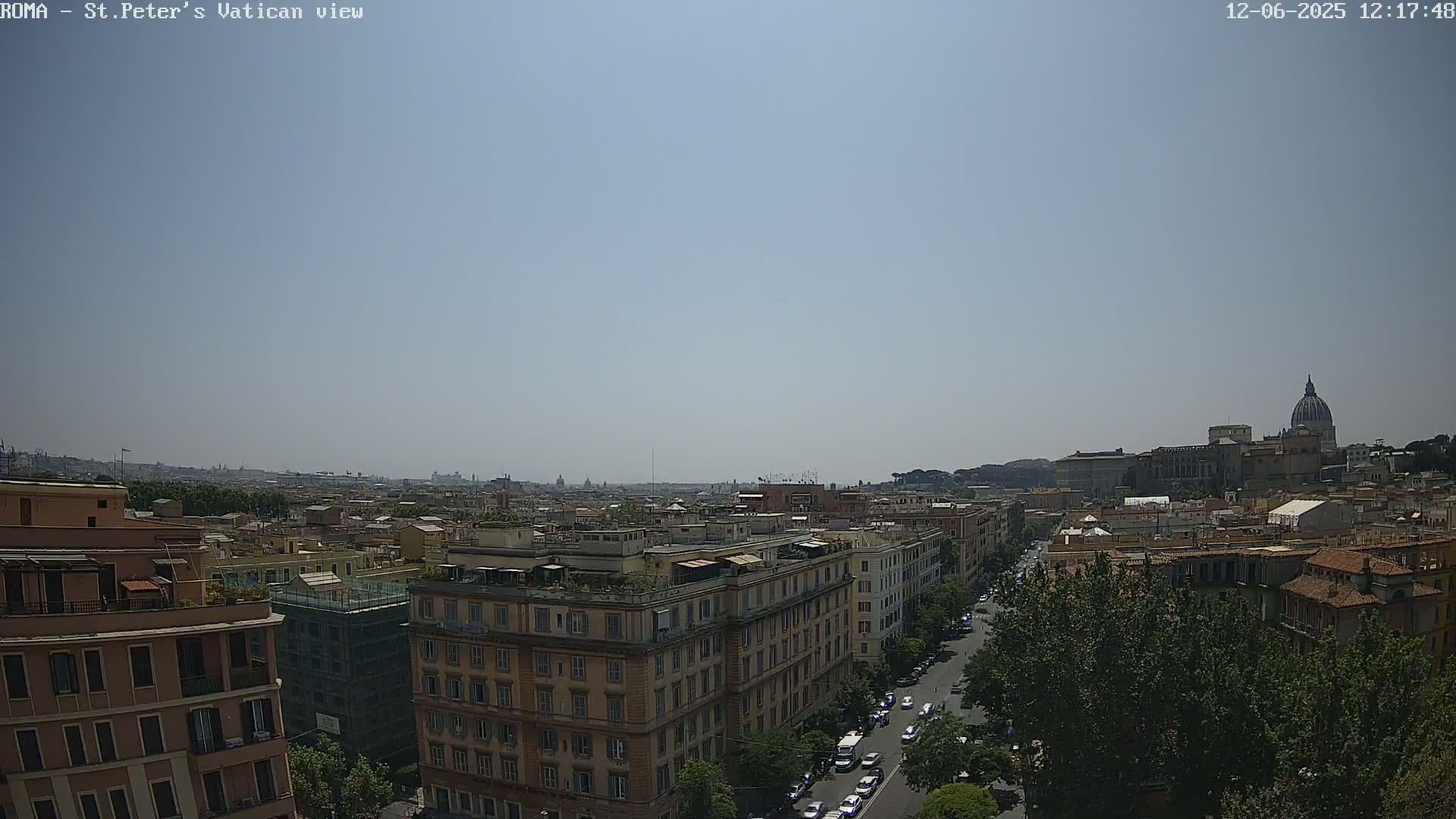 A high-angle, long shot on a clear, sunny day shows a cityscape with the dome of St. Peter's Basilica visible in the distance.