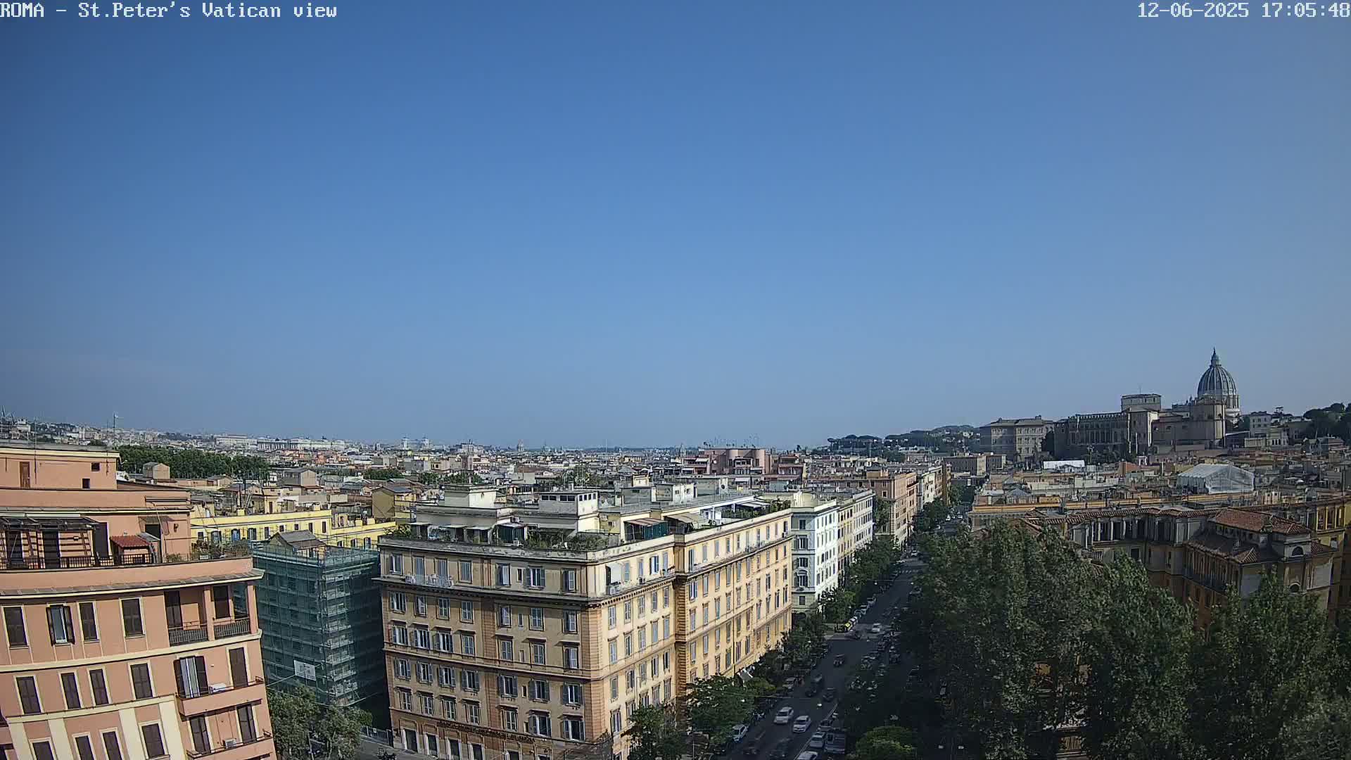 A high-angle, long shot on a clear, sunny day shows a cityscape with multi-story buildings, a tree-lined street, and St. Peter's Basilica in the distance.