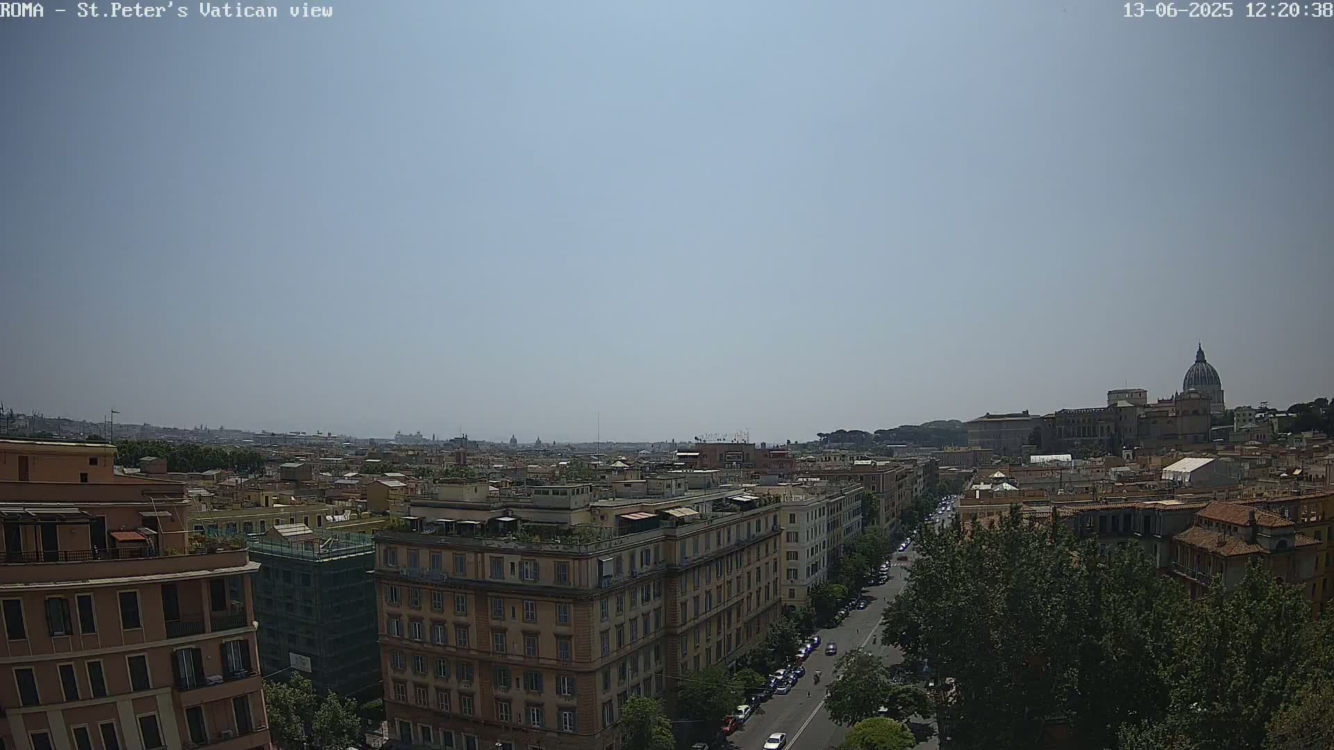A sunny, hazy day reveals a panoramic view of Rome, showcasing a cityscape of buildings and a distant St. Peter's Basilica.