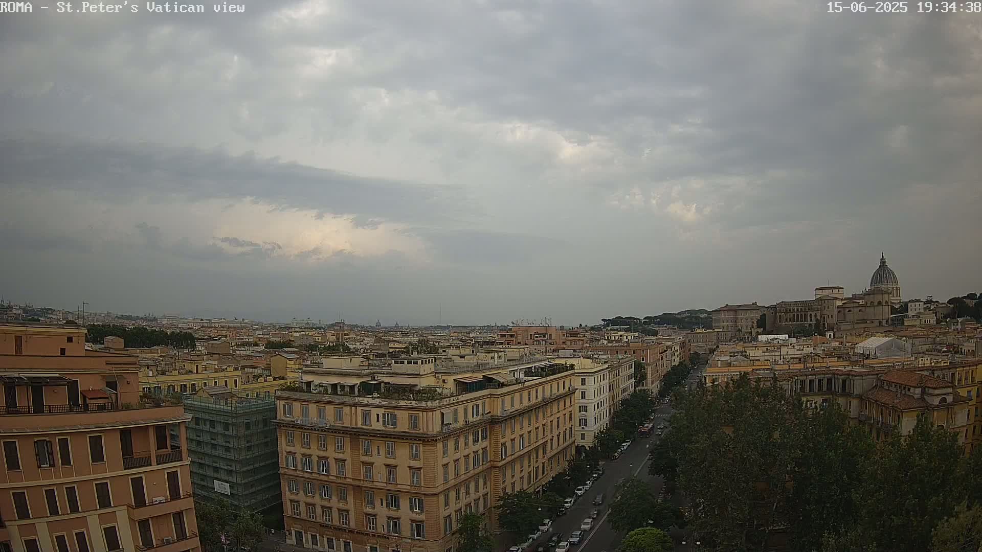 A city skyline under an overcast sky, showing numerous buildings and the dome of St. Peter's Basilica in the distance.