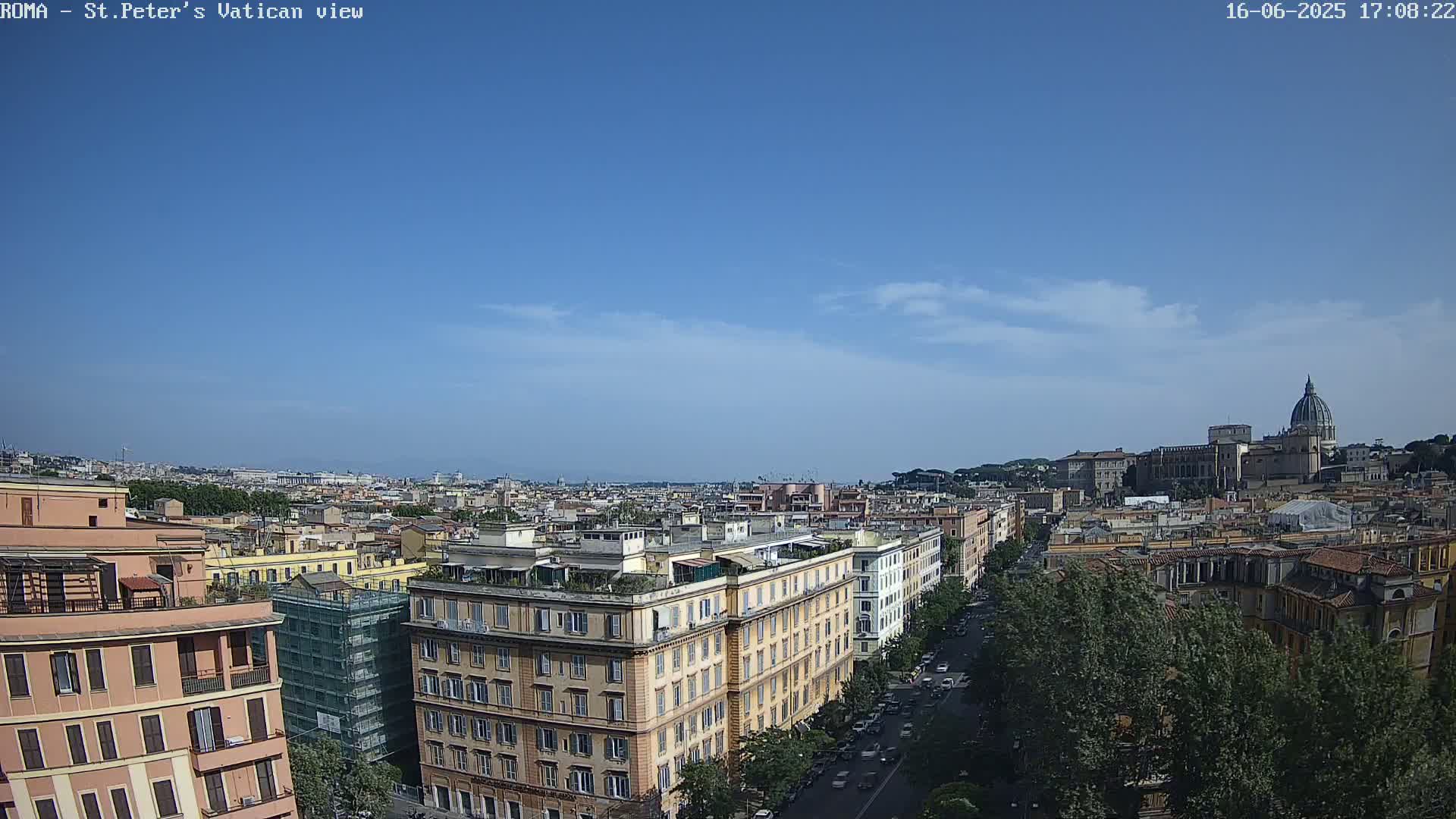 A mostly sunny cityscape view of Rome, Italy, shows numerous buildings and a street extending toward St. Peter's Basilica in the distance.