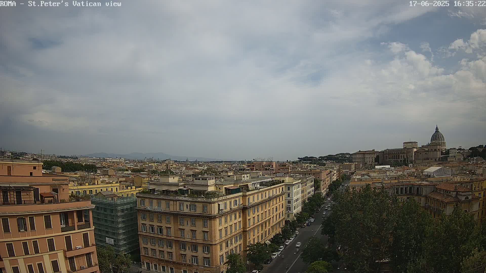 A partly cloudy daytime view of Rome, Italy, shows numerous buildings and St. Peter's Basilica in the distance.