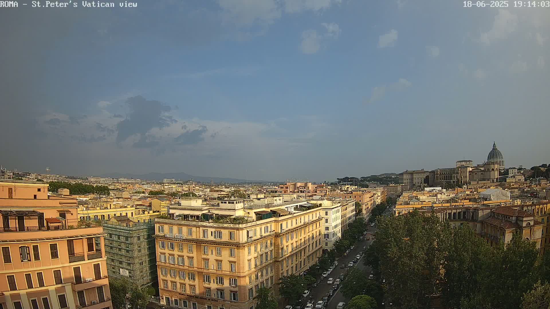 A partly cloudy afternoon view of Rome, Italy, showing a cityscape with St. Peter's Basilica in the distance.