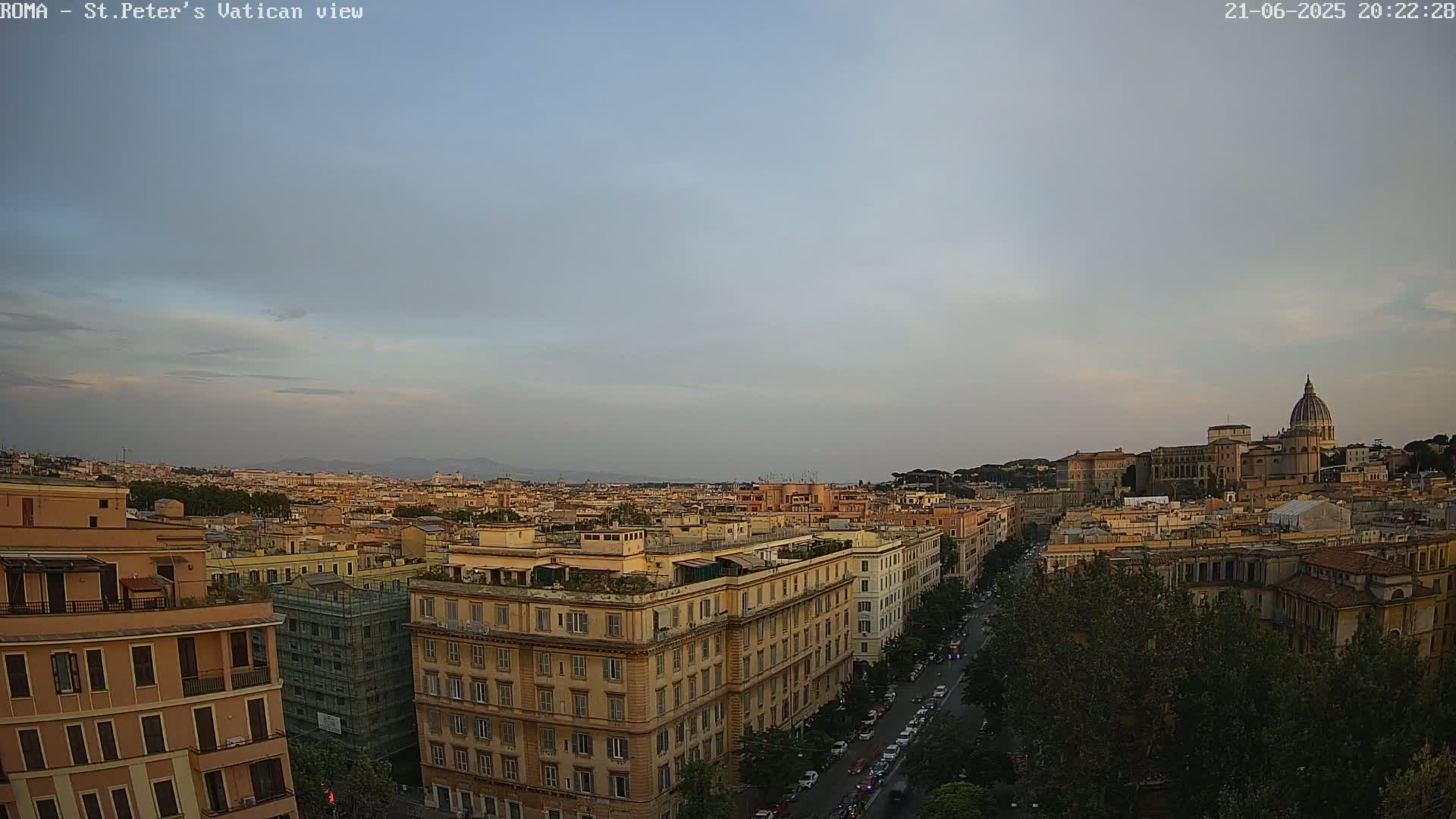 A wide shot of Rome, Italy at dusk, showing a cityscape with the dome of St. Peter's Basilica visible in the distance under a mostly clear sky.