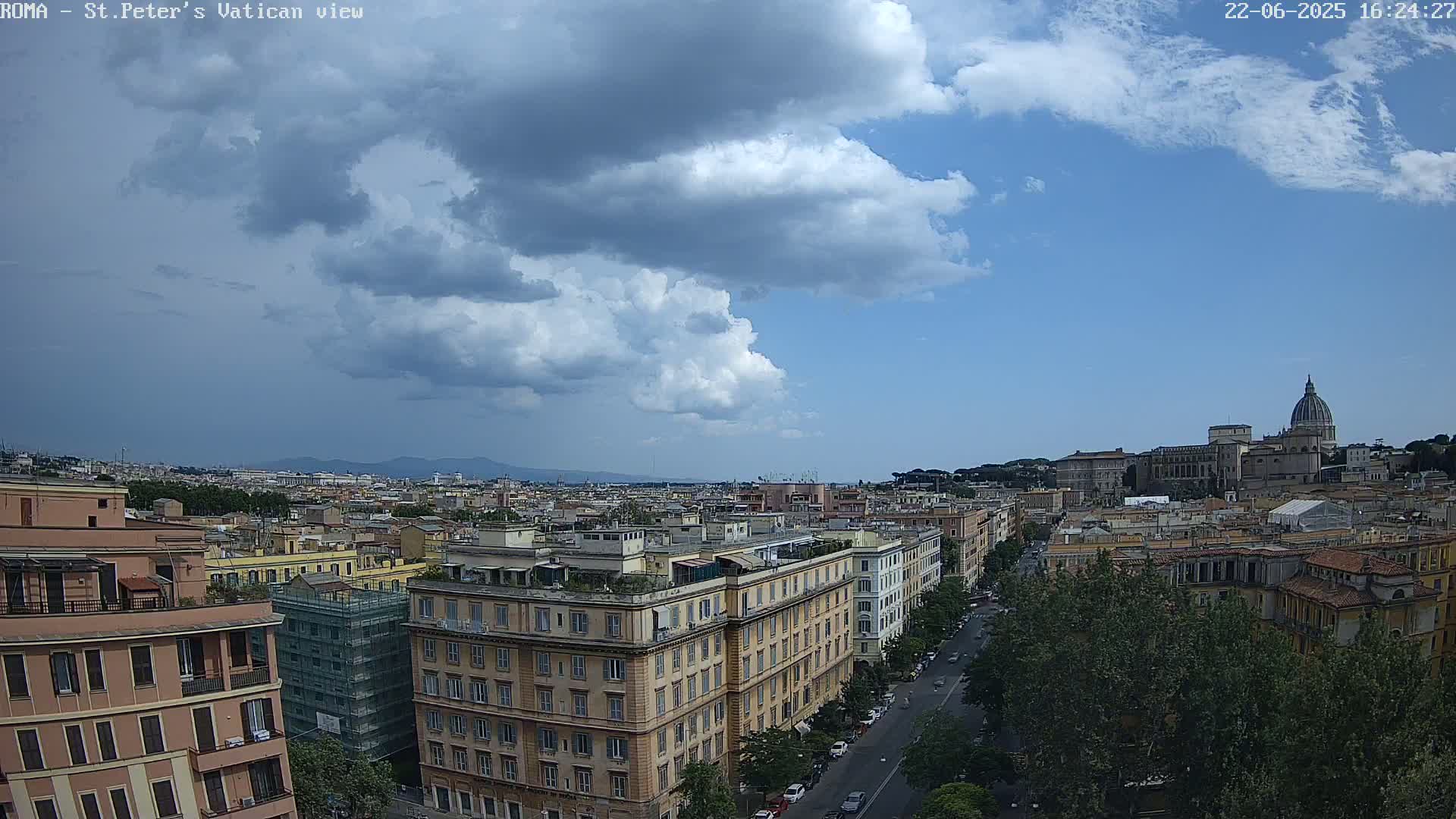 A partly cloudy sky overlooks a cityscape of Roman buildings, with St. Peter's Basilica visible in the distance.
