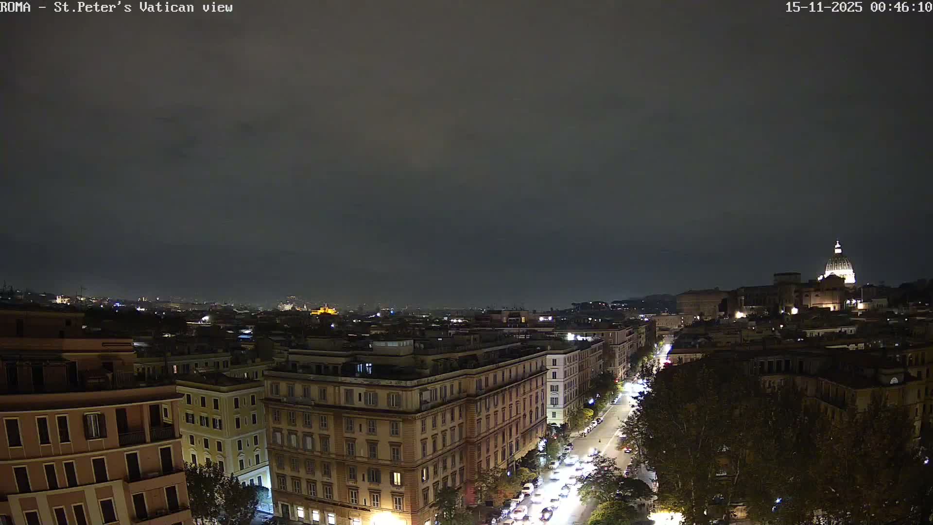 An aerial night view of a sprawling city reveals brightly lit buildings, a street with illuminated vehicle traffic, and a prominent basilica dome glowing in the distance, all beneath a cloudy sky.