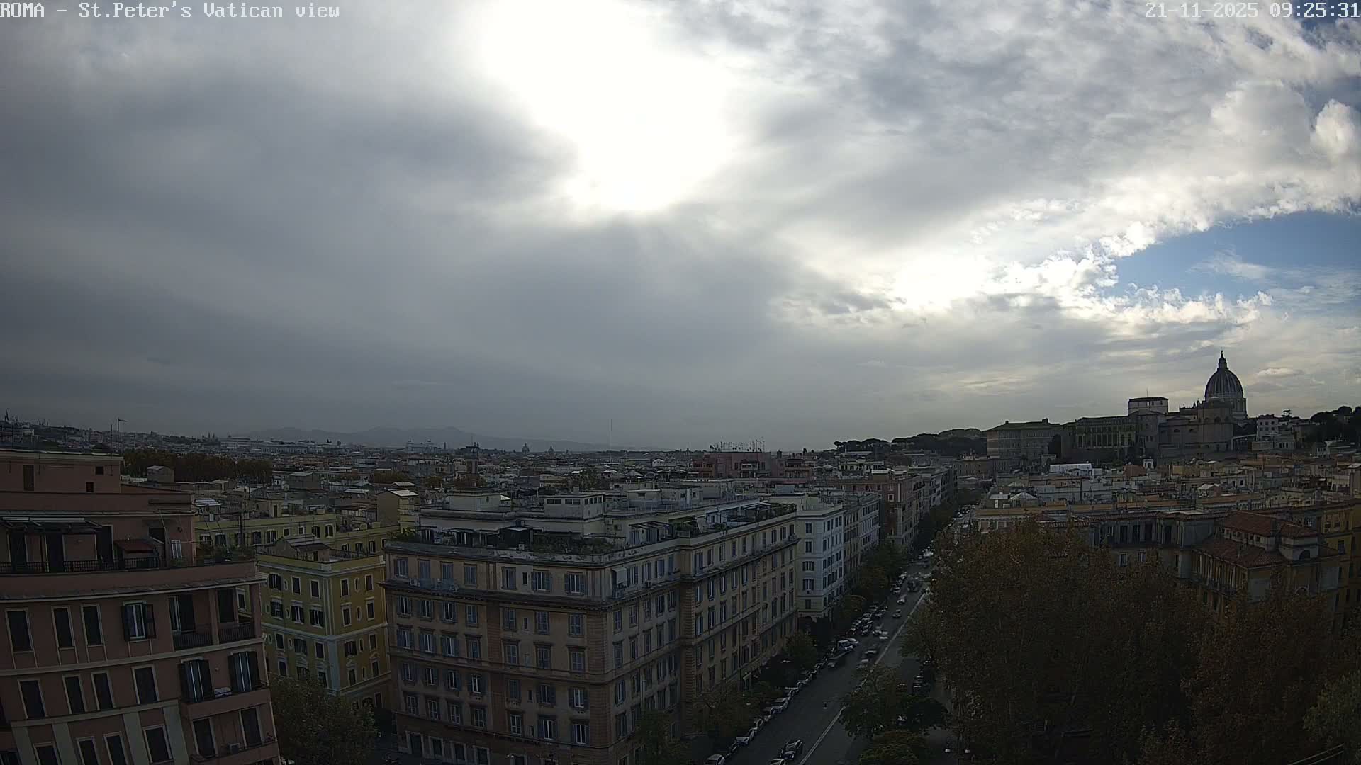 An expansive cityscape featuring numerous buildings and a distant domed basilica is seen under a partly cloudy sky with bright sunlight breaking through heavy clouds.
