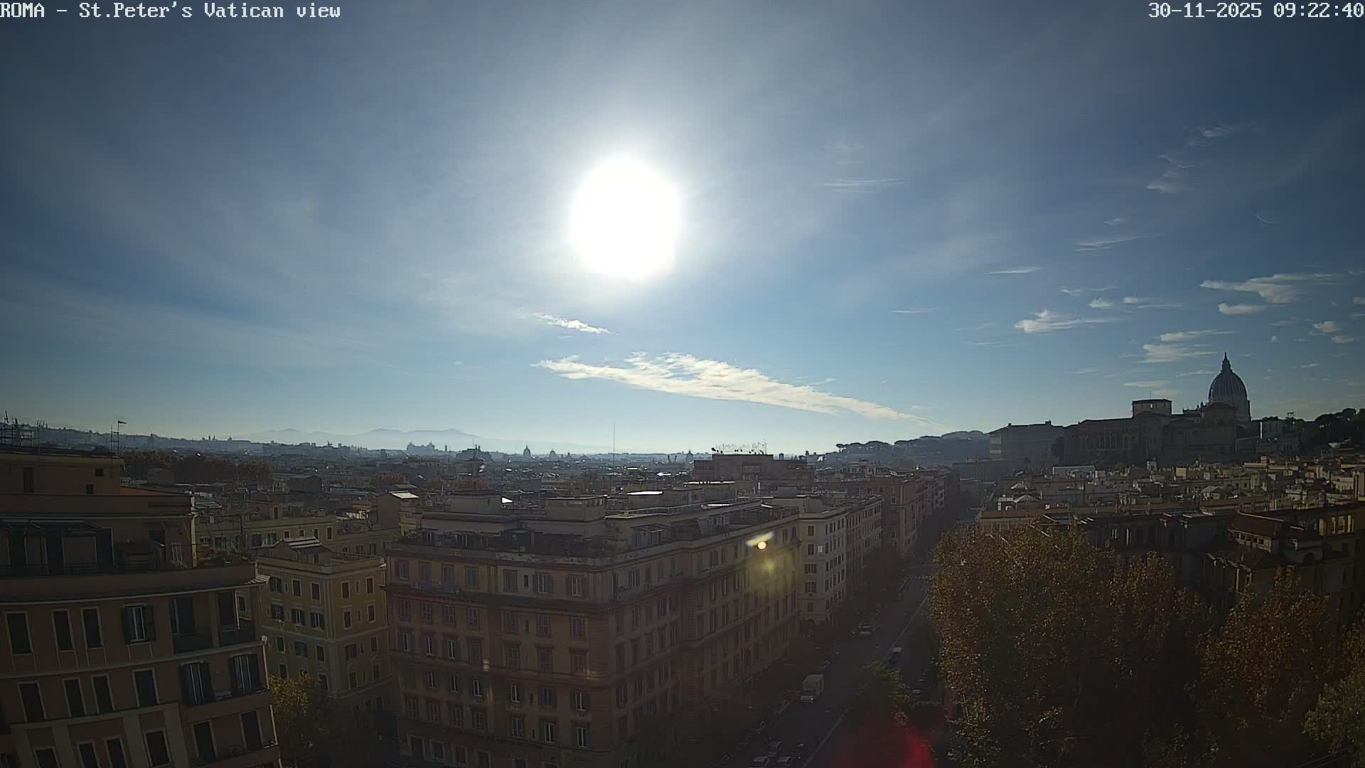 A wide urban panorama is shown on a bright, clear day, featuring dense buildings, a street with vehicles, distant hazy hills, and a prominent large dome to the right, all under a blue sky with scattered wispy clouds.