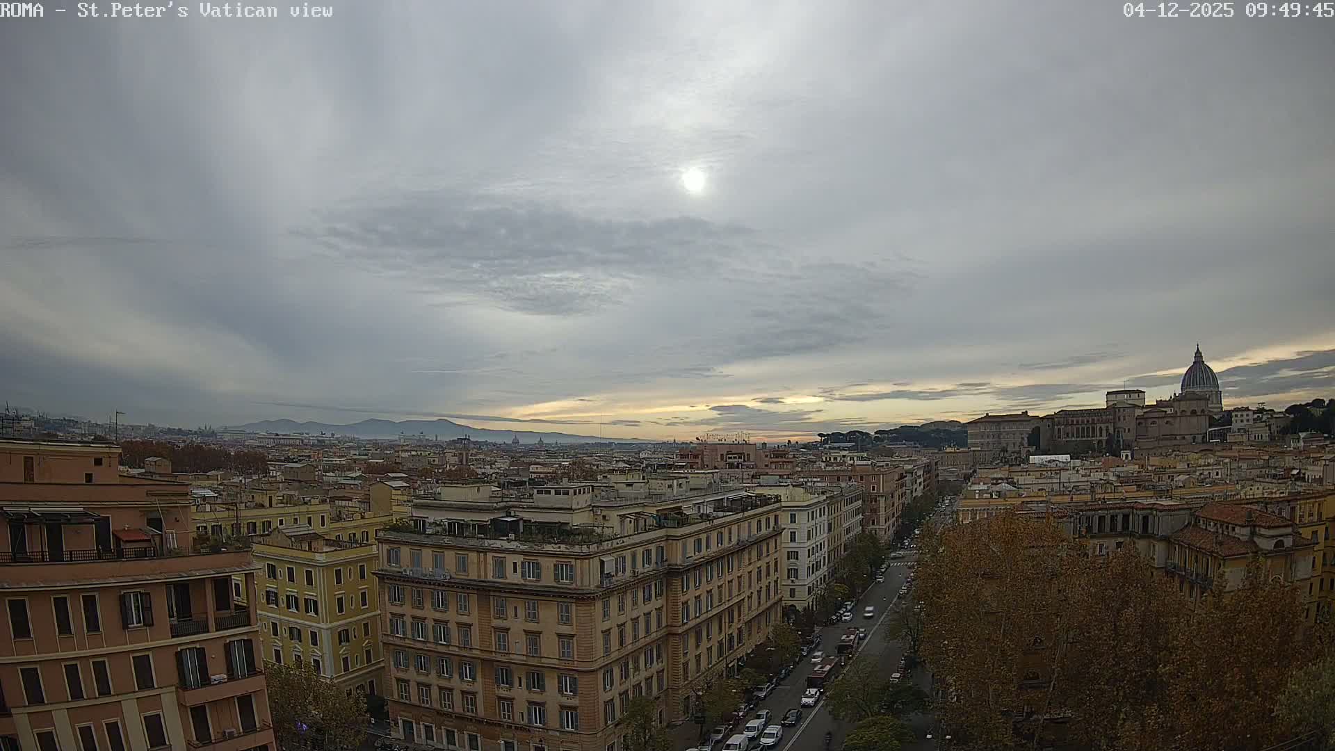 A wide aerial view shows a sprawling cityscape with numerous multi-story buildings, a street with cars, and St. Peter's Basilica on the right, all beneath a mostly overcast sky where the sun softly illuminates the clouds.