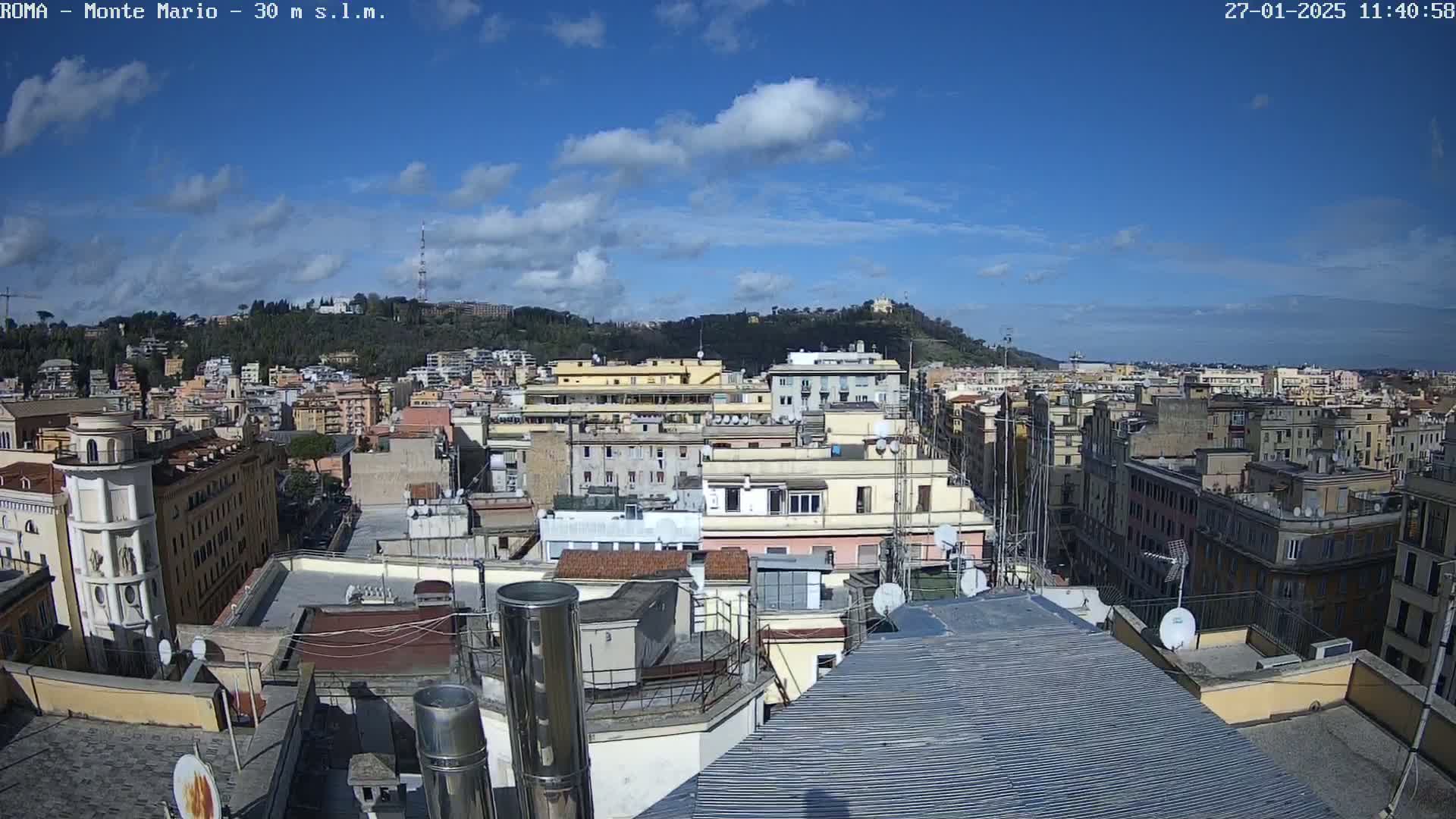 A rooftop view of a city under a mostly sunny sky with a few scattered clouds, showing numerous buildings and distant hills.