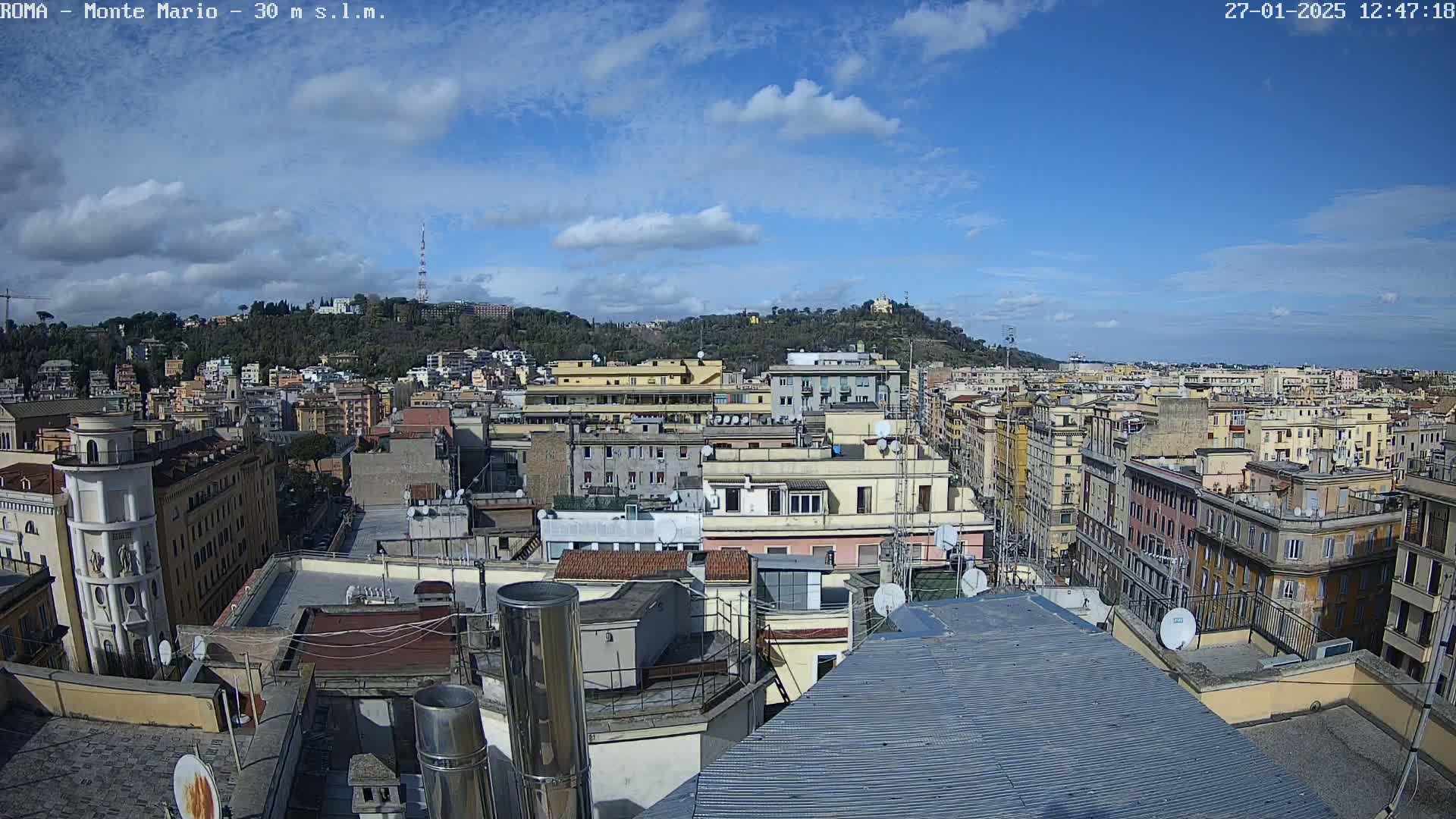 A partly cloudy day overlooks a densely populated cityscape of multi-story buildings, with a hill visible in the distance.