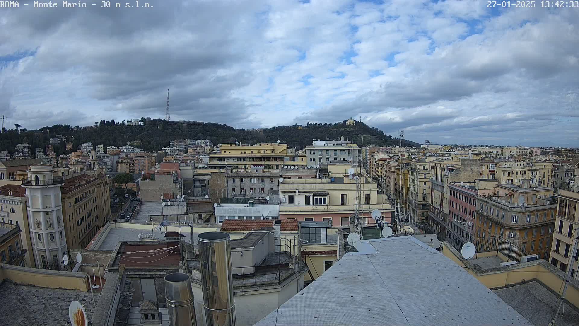 A partly cloudy day reveals a cityscape of multi-story buildings, with a hill covered in trees in the background.