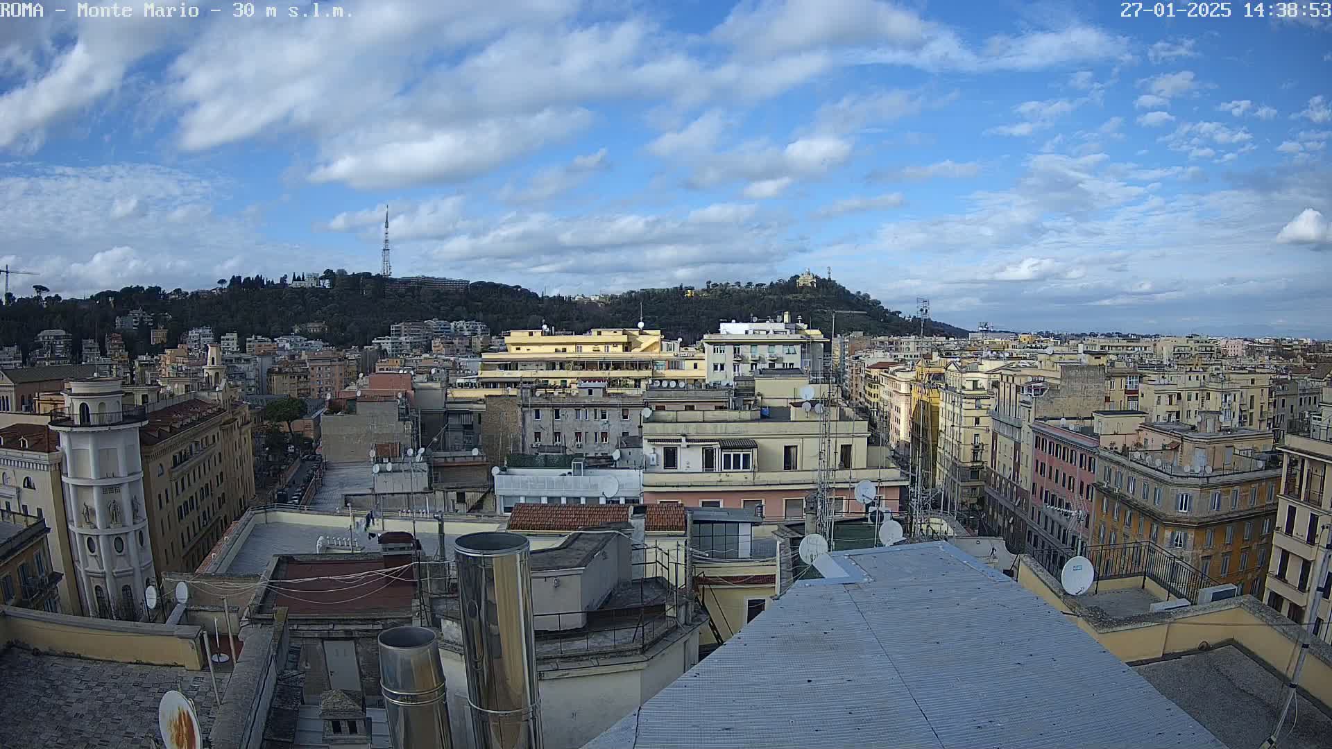 A partly cloudy sky overlooks a dense cityscape of multi-story buildings, with a hill in the distance.