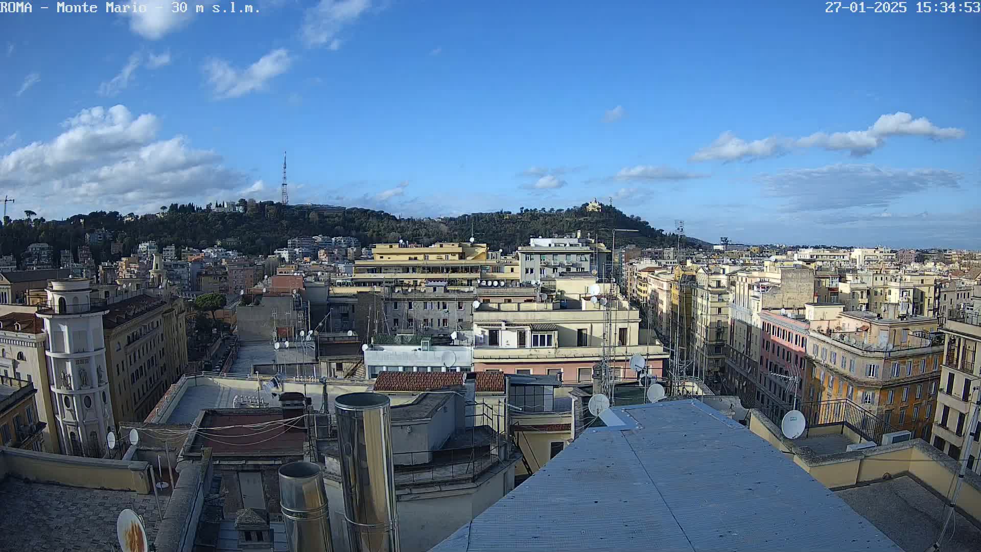 A mostly sunny cityscape view shows many buildings with rooftops and satellite dishes, a hill in the background, and a few scattered clouds in the sky.