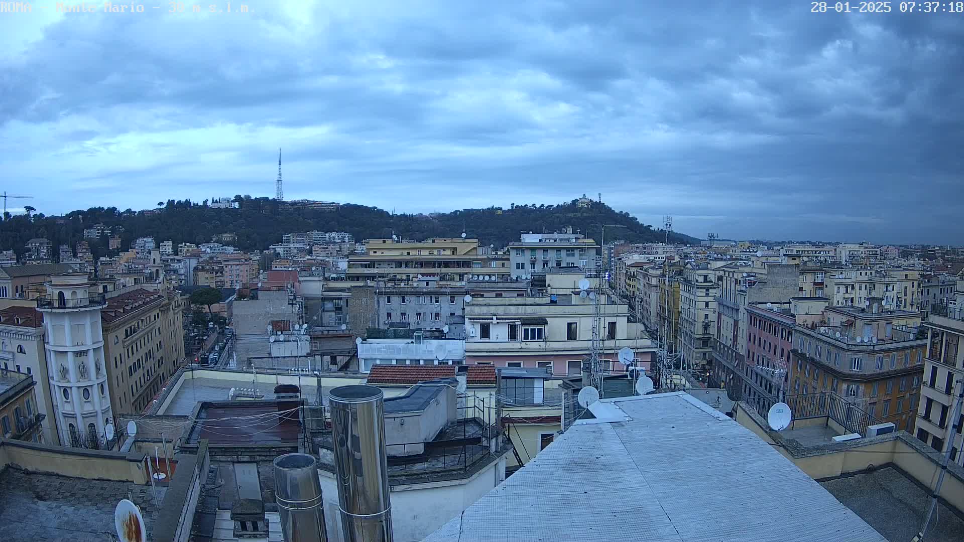 A cityscape under a cloudy sky shows numerous buildings, rooftops with satellite dishes, and a hill in the background.