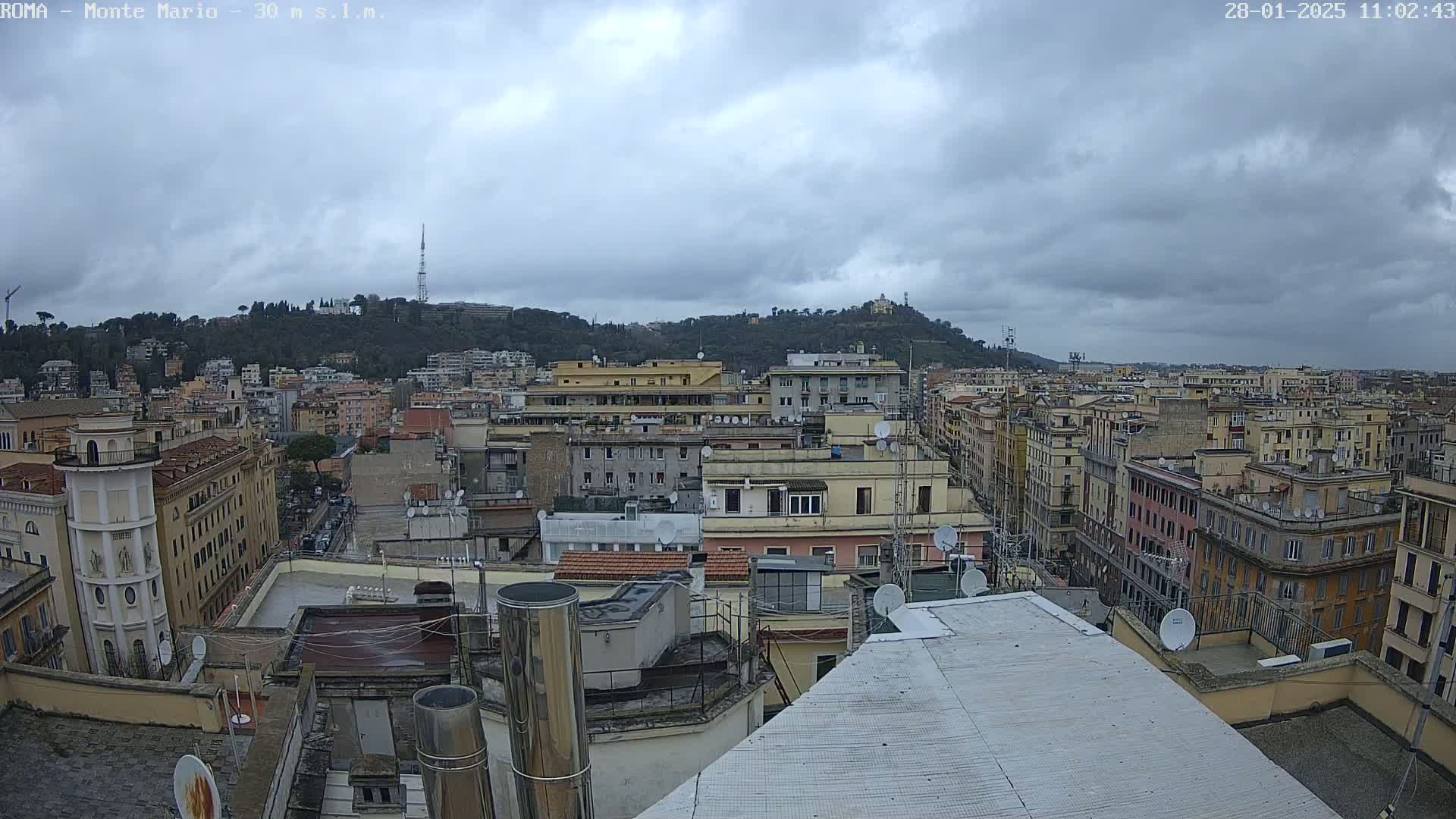 A view from a rooftop shows a city with many buildings under an overcast sky.