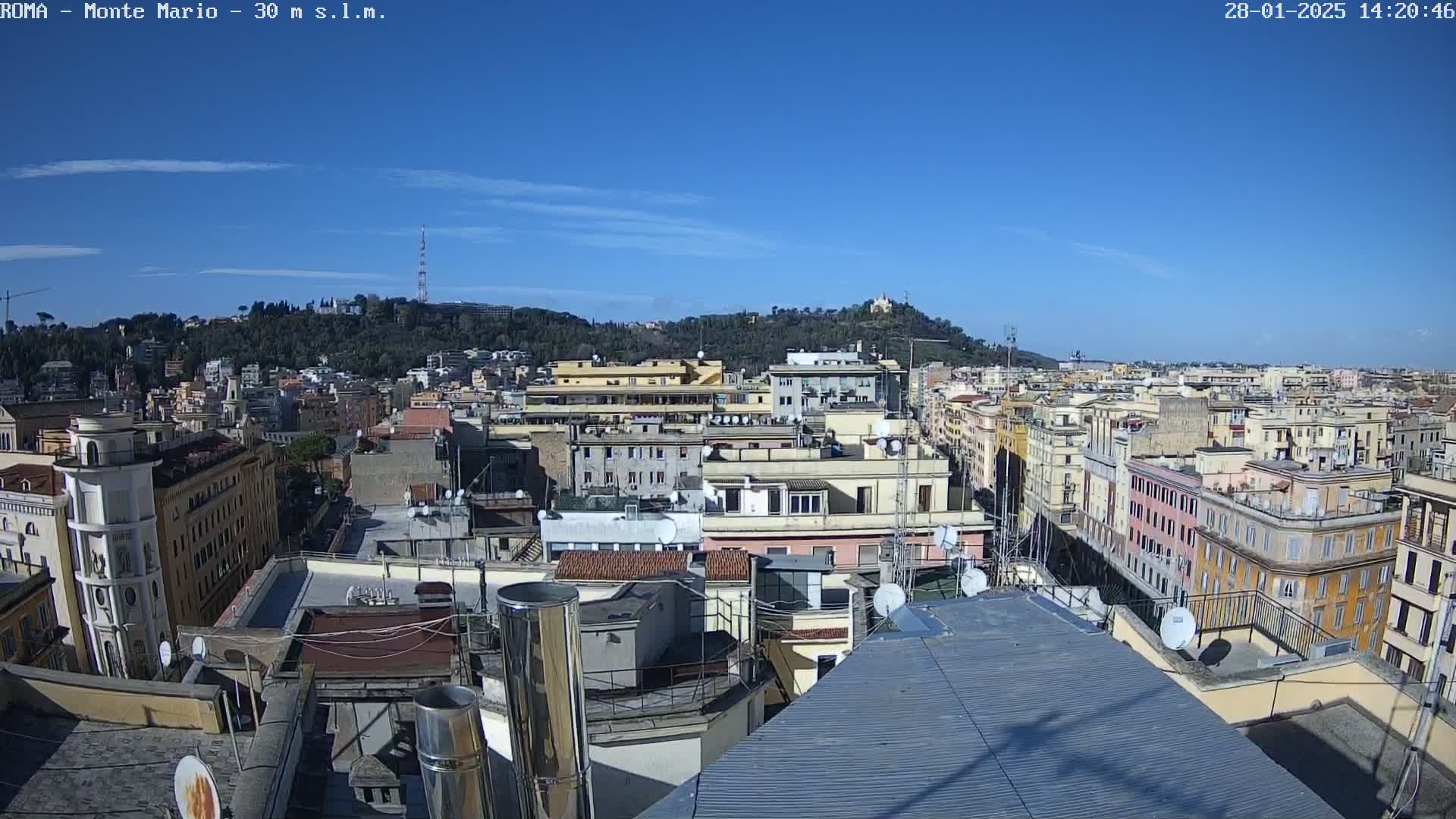 A clear, sunny day reveals a panoramic view of rooftops and buildings stretching across a city, with a hill covered in trees visible in the distance.
