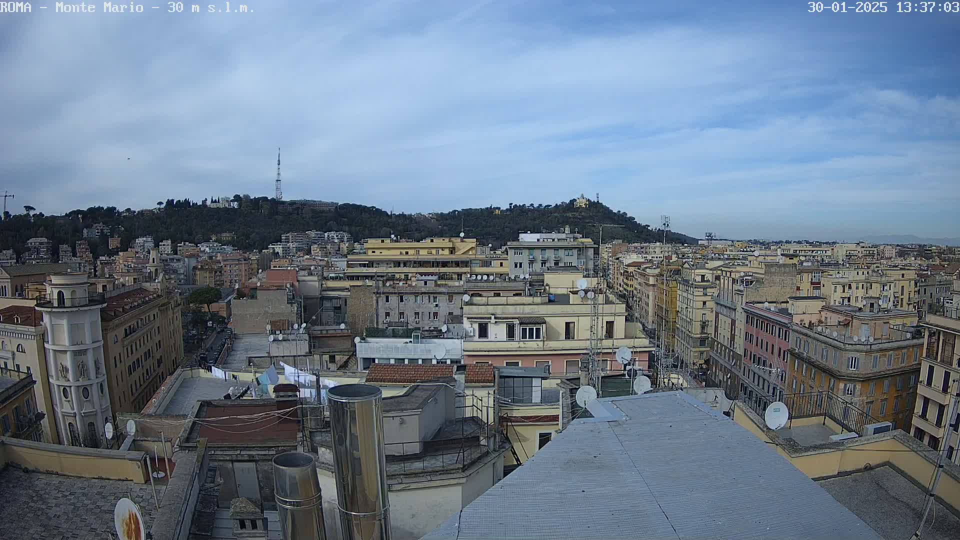 A mostly sunny cityscape view from a rooftop shows numerous buildings, with a hill covered in trees visible in the background.