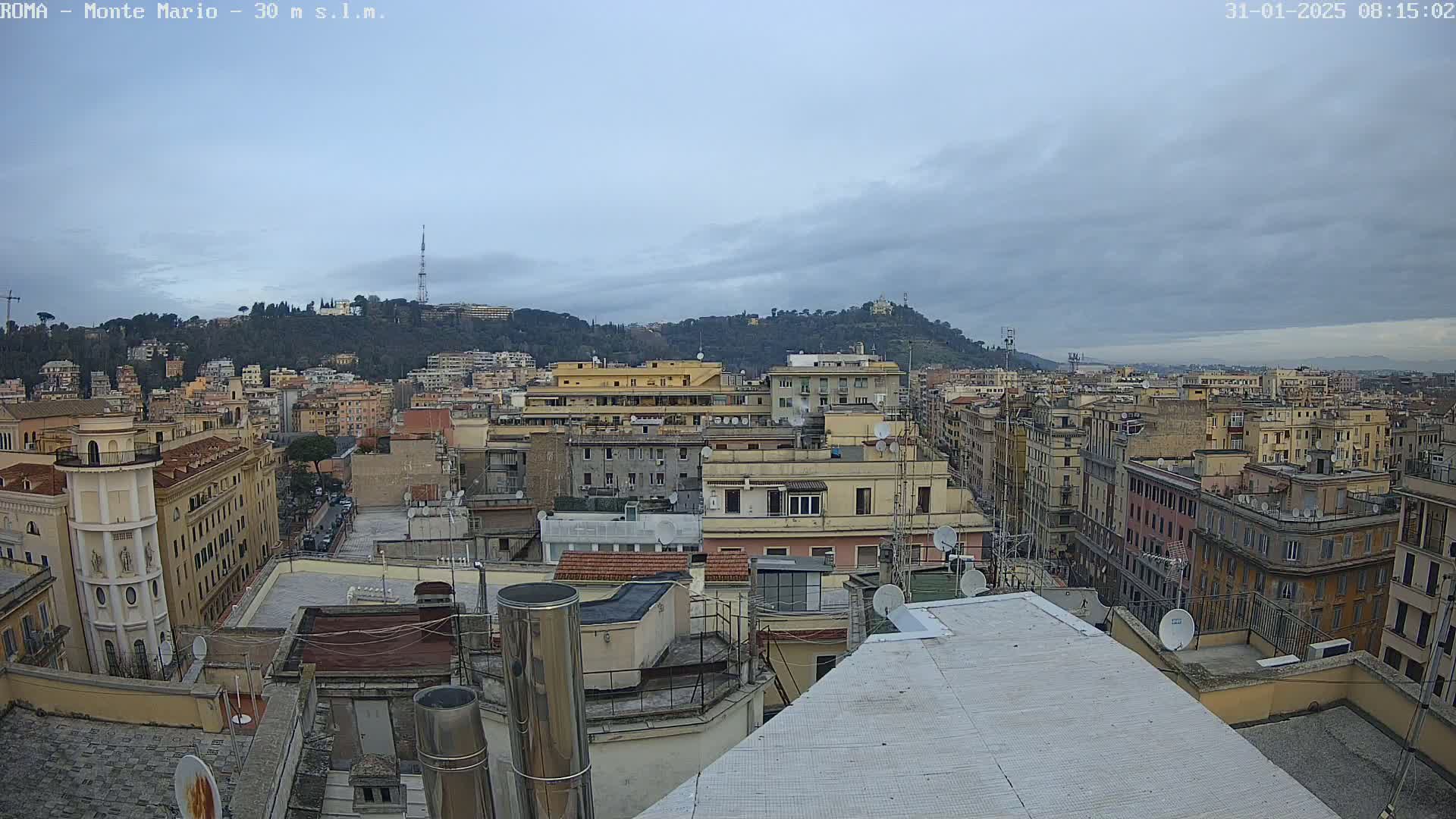 A city skyline with numerous buildings under a cloudy sky is visible from a rooftop vantage point.