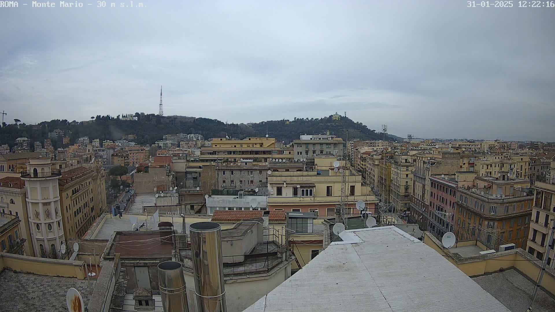 A panoramic view of a city under an overcast sky shows numerous buildings, rooftops, and a hill in the background.
