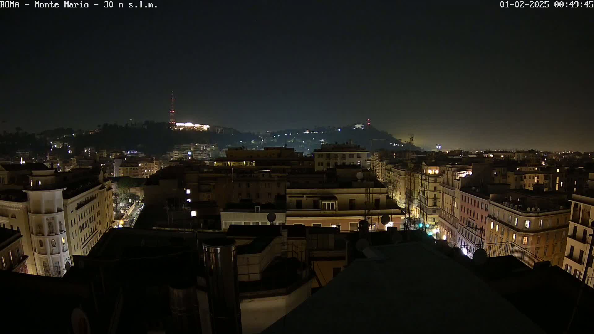 A nighttime view of a city skyline with dimly lit buildings and a hill in the distance under a dark, clear sky.