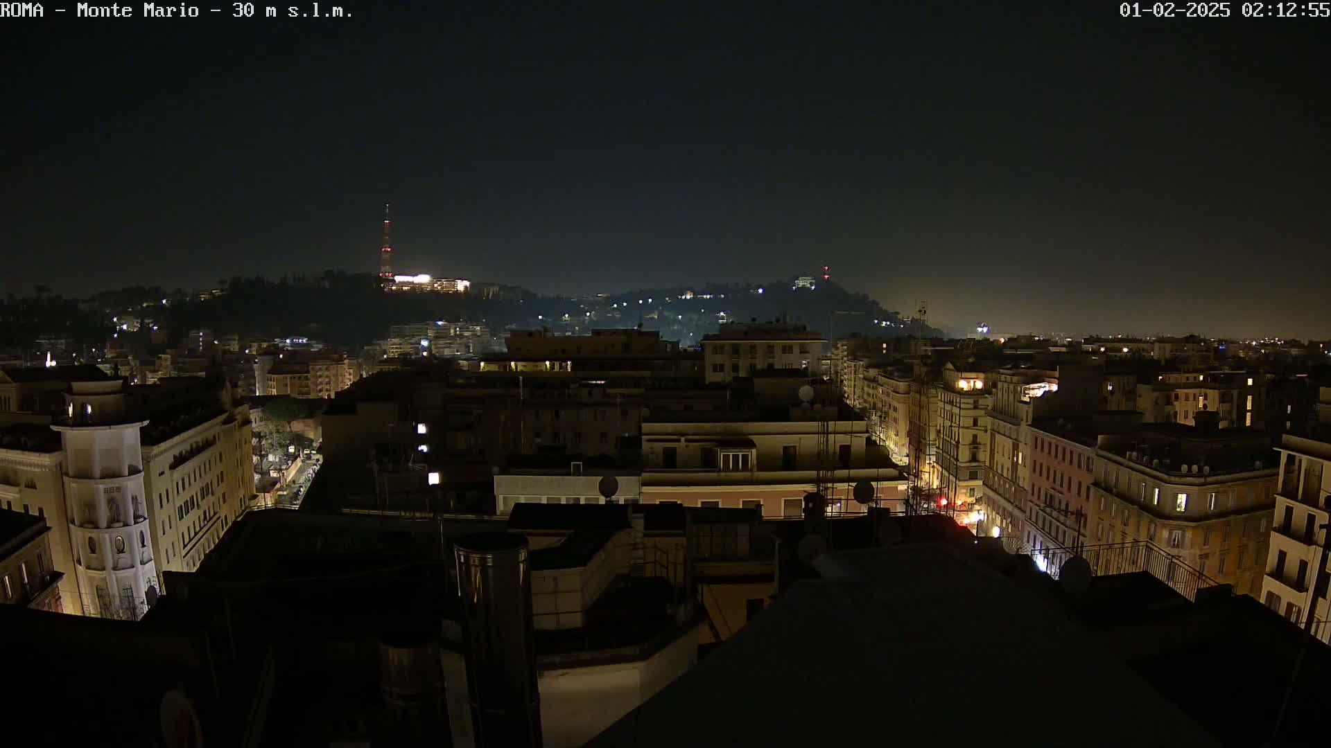A nighttime, high-angle view of a city with dimly lit buildings, hills in the background, and a clear sky.