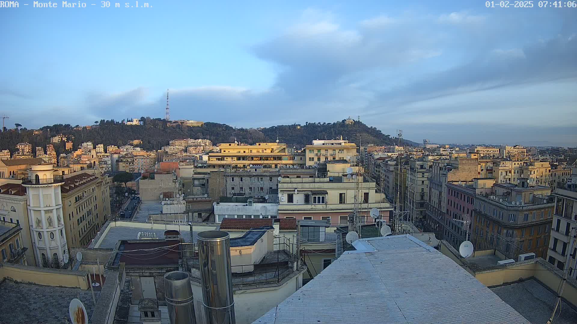 A city view under a partly cloudy sky shows many buildings, with a hill in the distance.