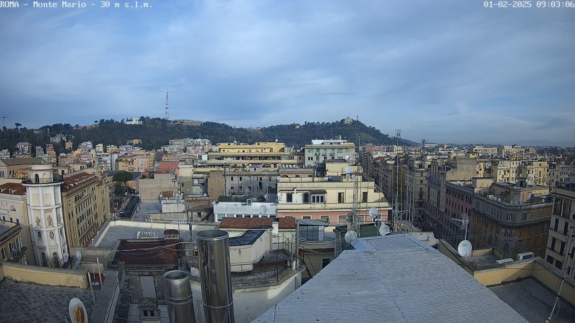 A panoramic rooftop view of a city under a mostly clear, lightly cloudy sky shows many buildings stretching to a distant hill.