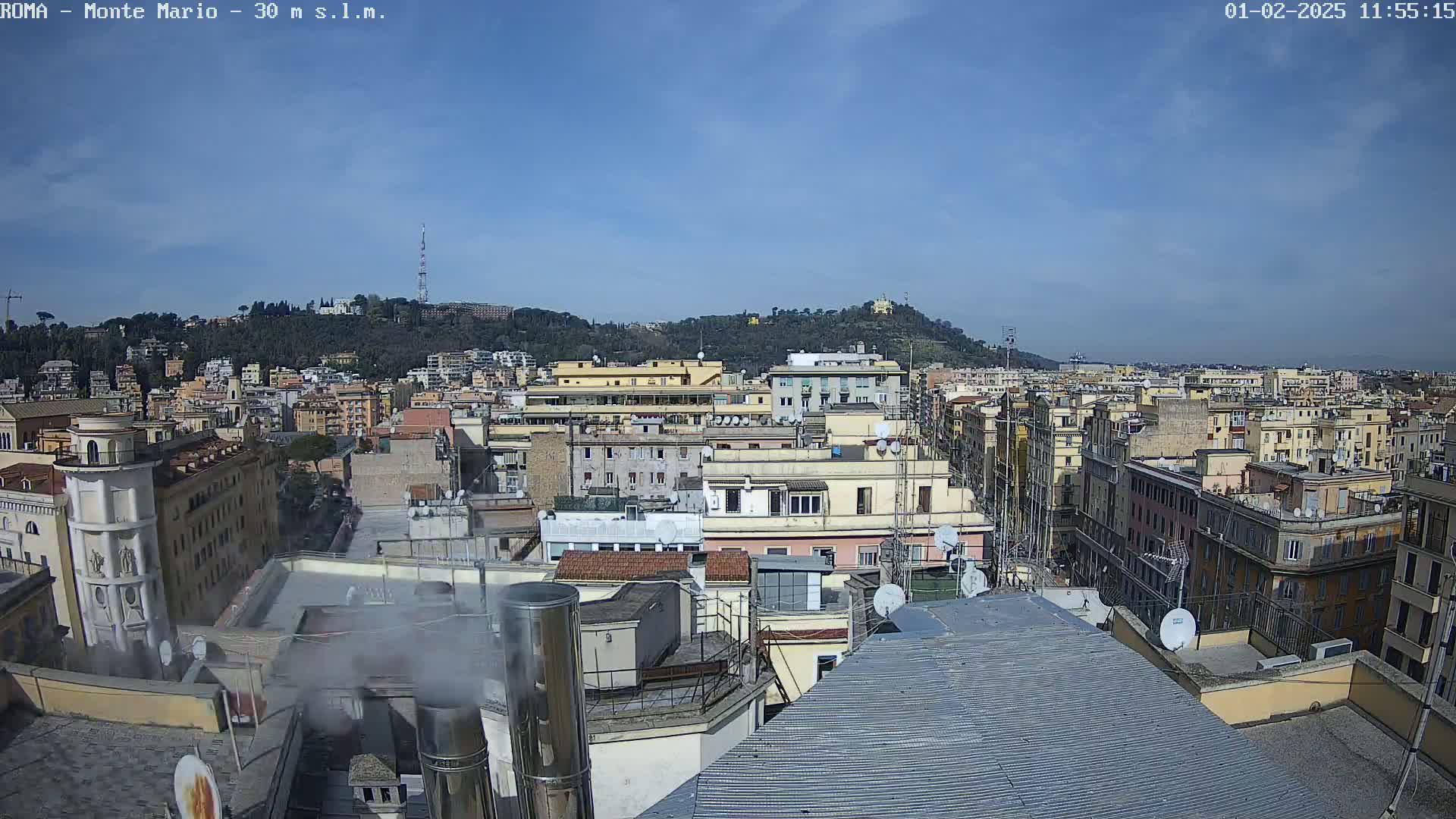 A view from a rooftop shows a cityscape under a clear blue sky, with a hill in the background and smoke rising from chimneys.