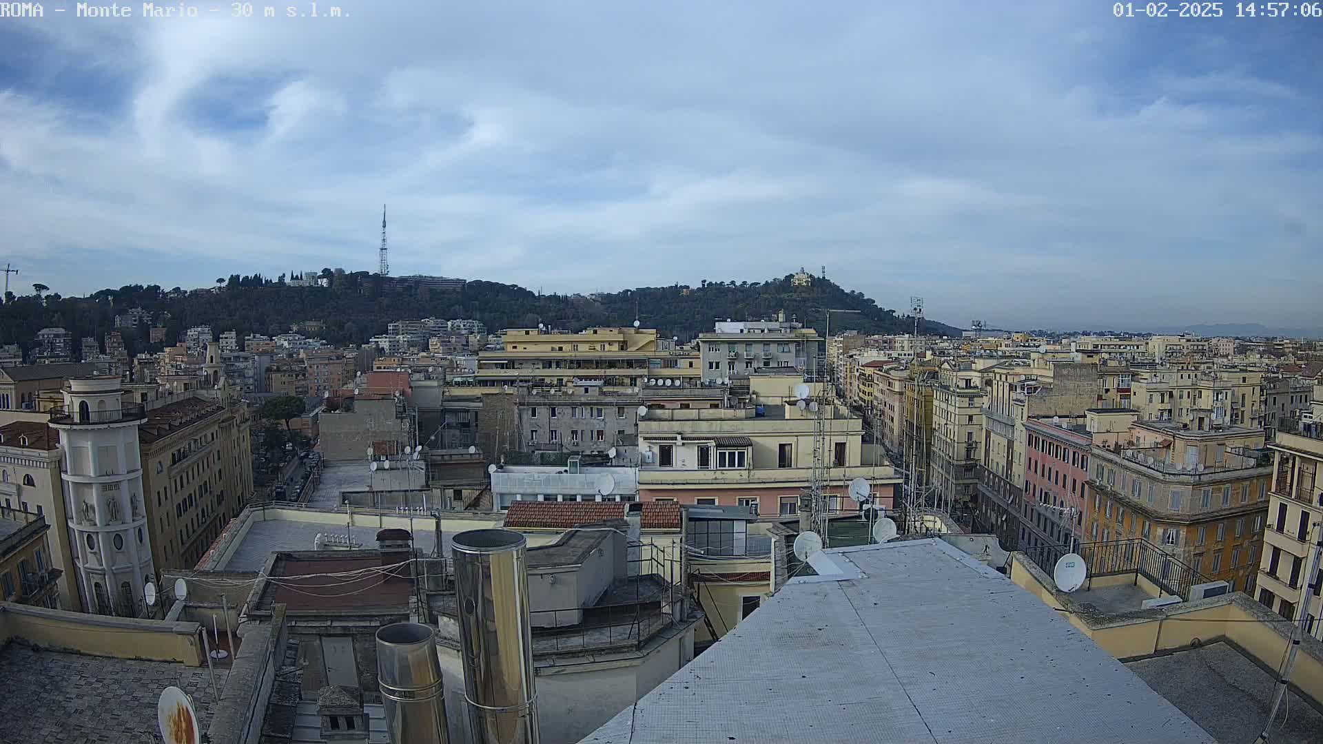 A rooftop view of a densely populated city under a mostly cloudy sky shows numerous buildings extending to a hill in the distance.
