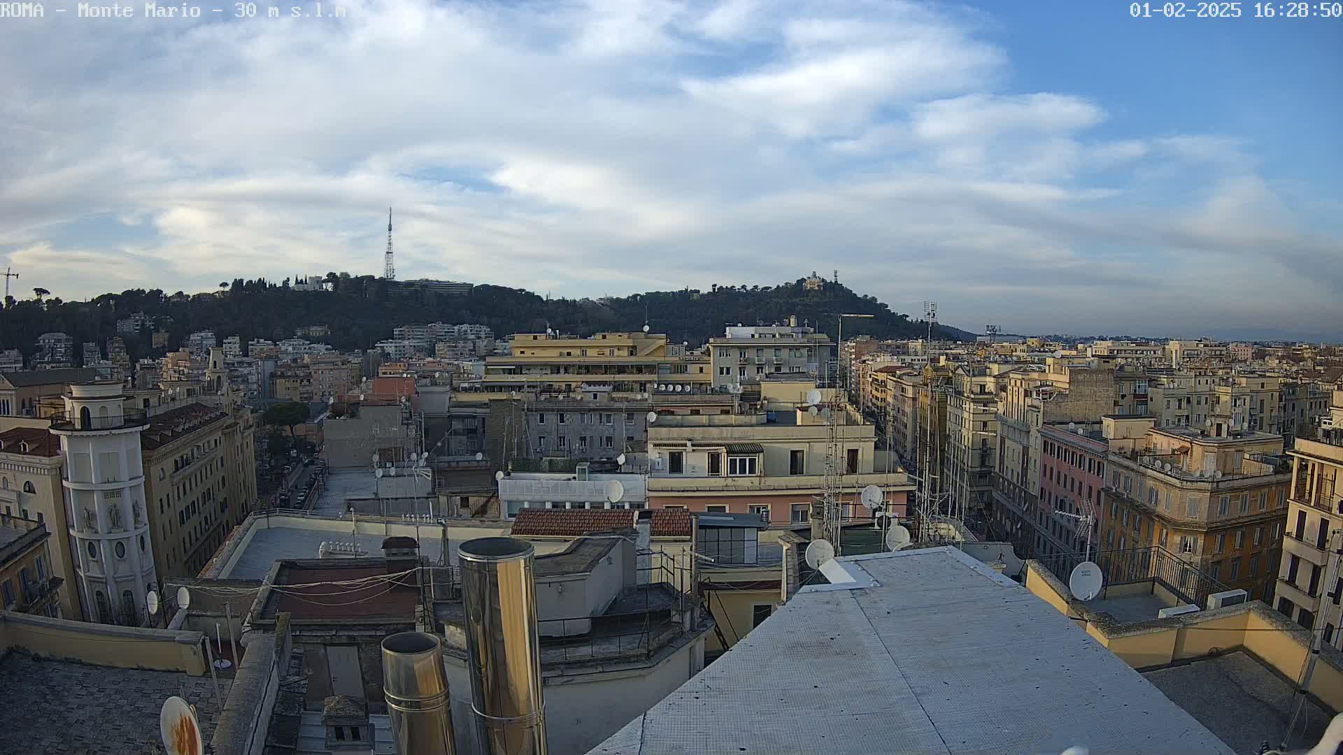 A partly cloudy daytime view of a dense cityscape with a hill in the background, showing numerous buildings and rooftops with satellite dishes.