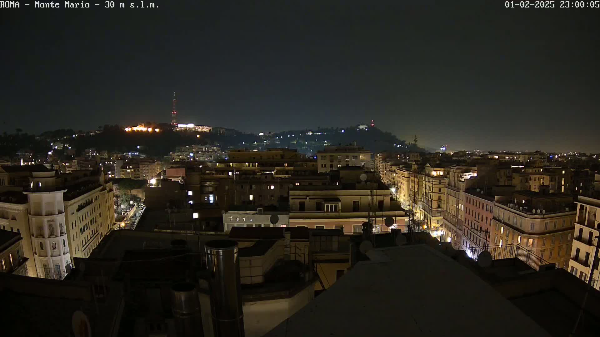 A nighttime view of a city with illuminated buildings, extending to a hilltop in the distance under a dark sky.
