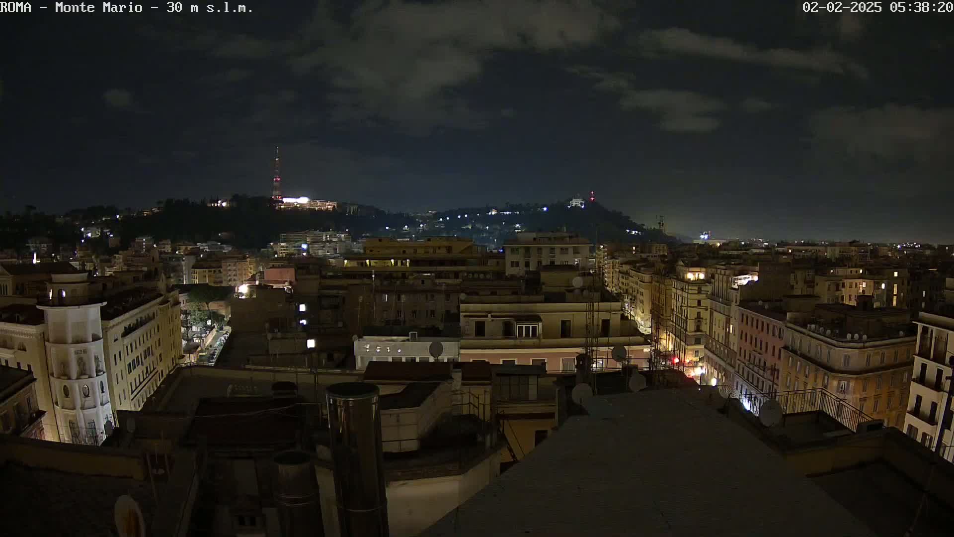 A nighttime cityscape with a hill in the background under a partly cloudy sky.