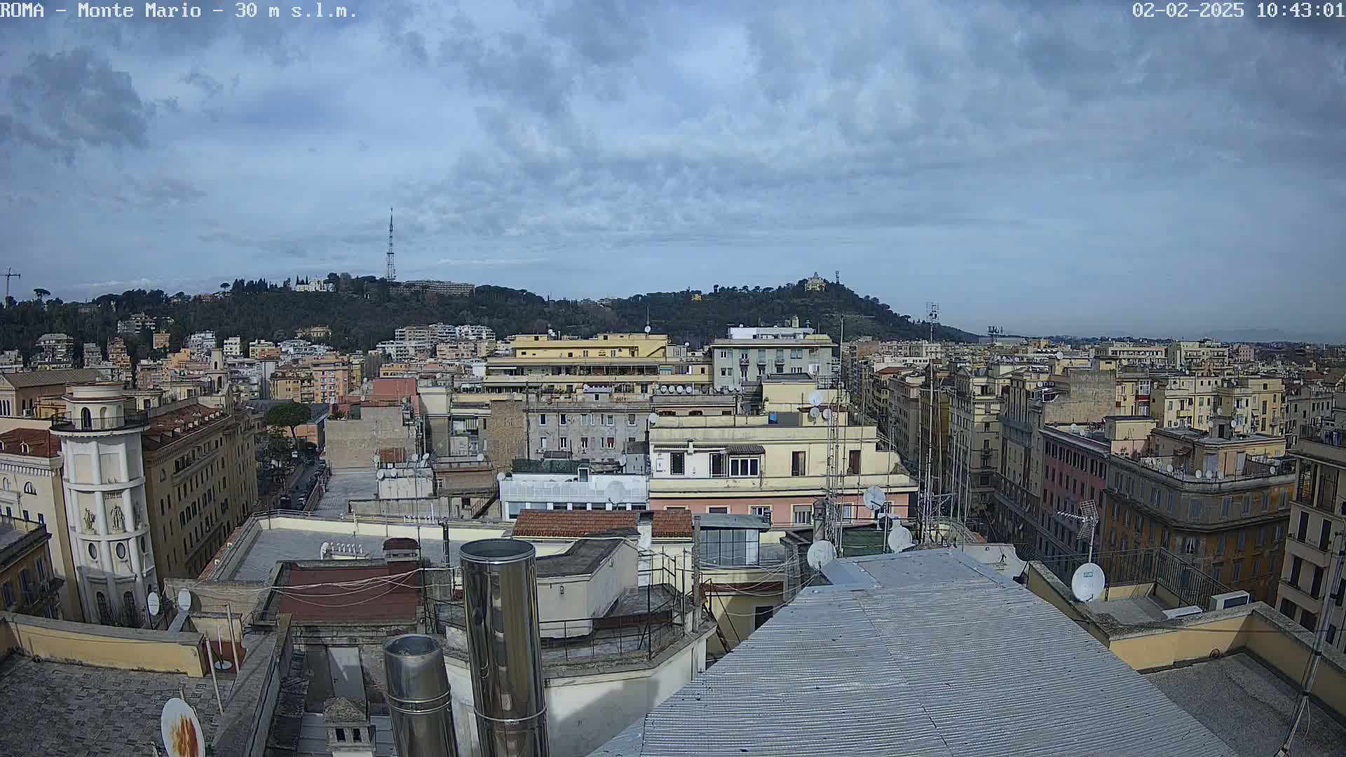 A city view under a partly cloudy sky shows numerous buildings, rooftops, and a distant hill.