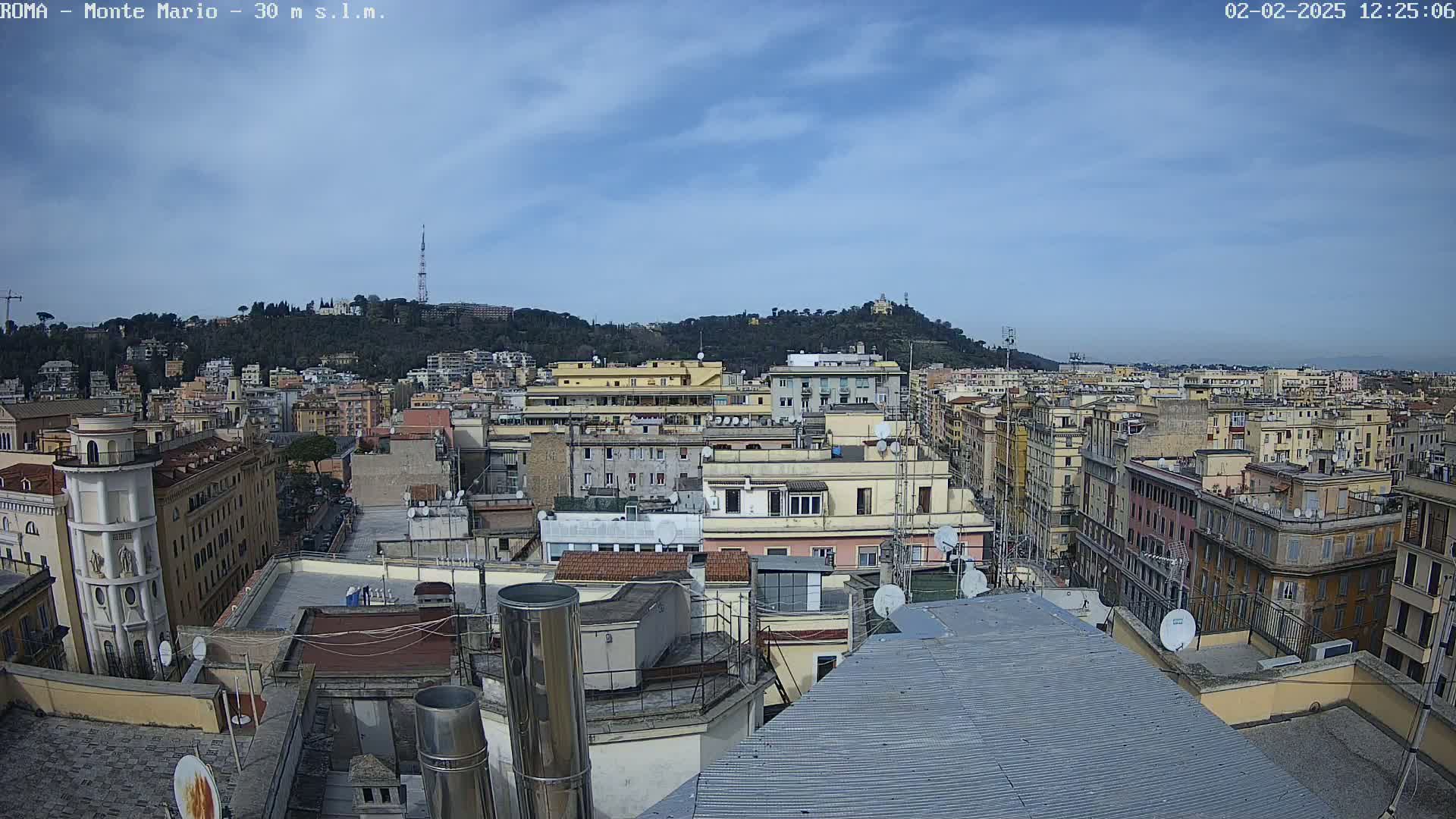 A high-angle view of a dense cityscape under a mostly clear, light blue sky shows many multi-story buildings with flat roofs and satellite dishes, with a hill covered in trees and buildings in the background.