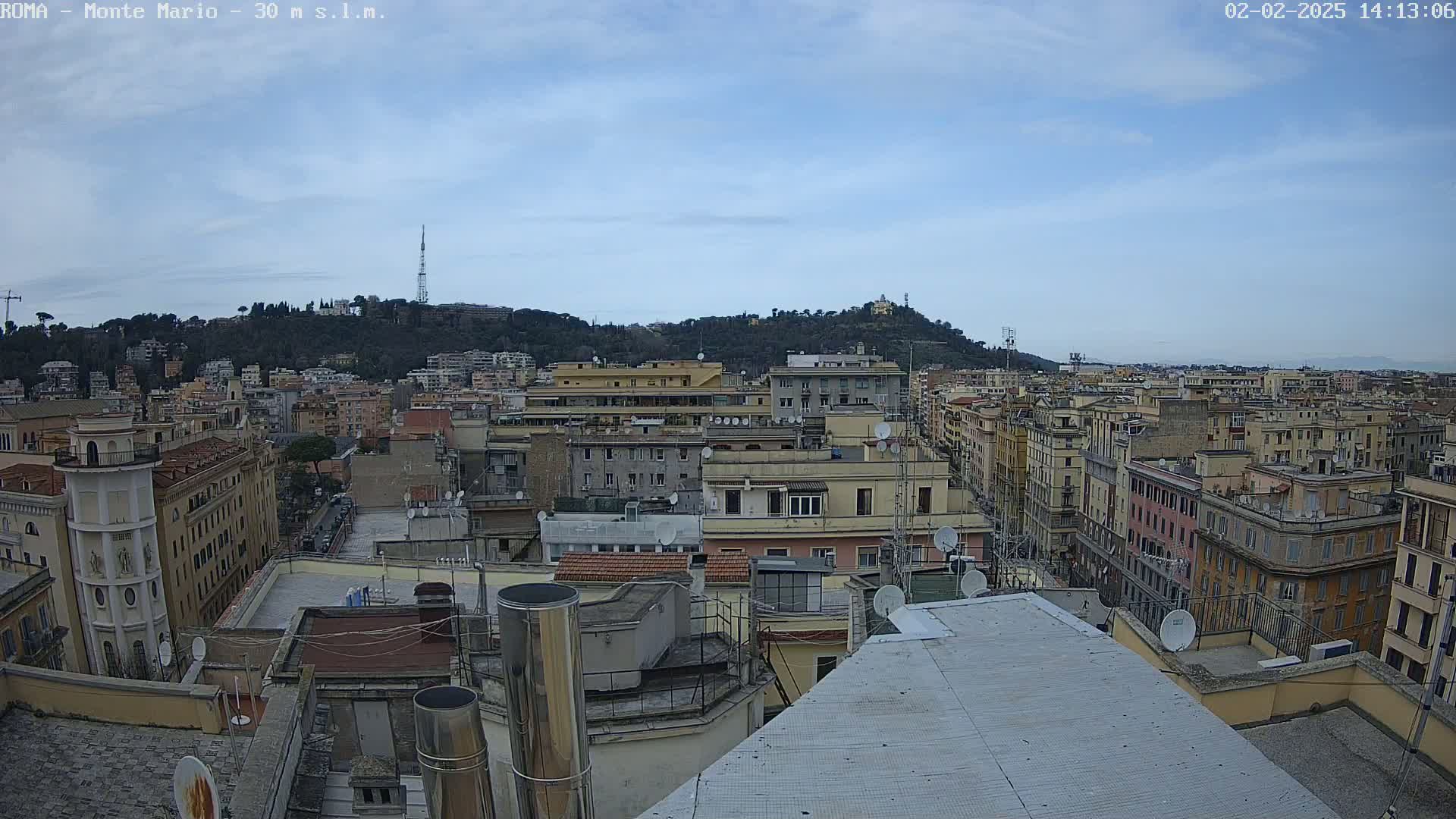 A panoramic view of a city, under a mostly clear sky with a few clouds, shows many closely packed buildings, with a hill covered in trees in the background.
