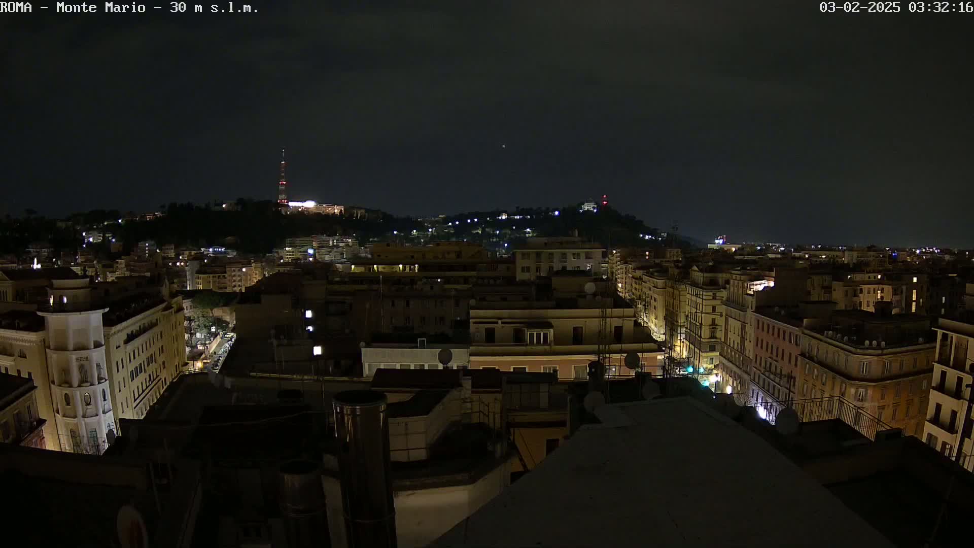 A nighttime, aerial view of a city with a hill in the background under a dark, cloudy sky.