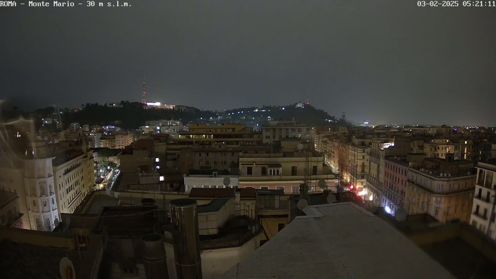 A nighttime view of a city, possibly Rome, under an overcast sky, shows a cityscape with buildings lit up against a dark hill in the background.