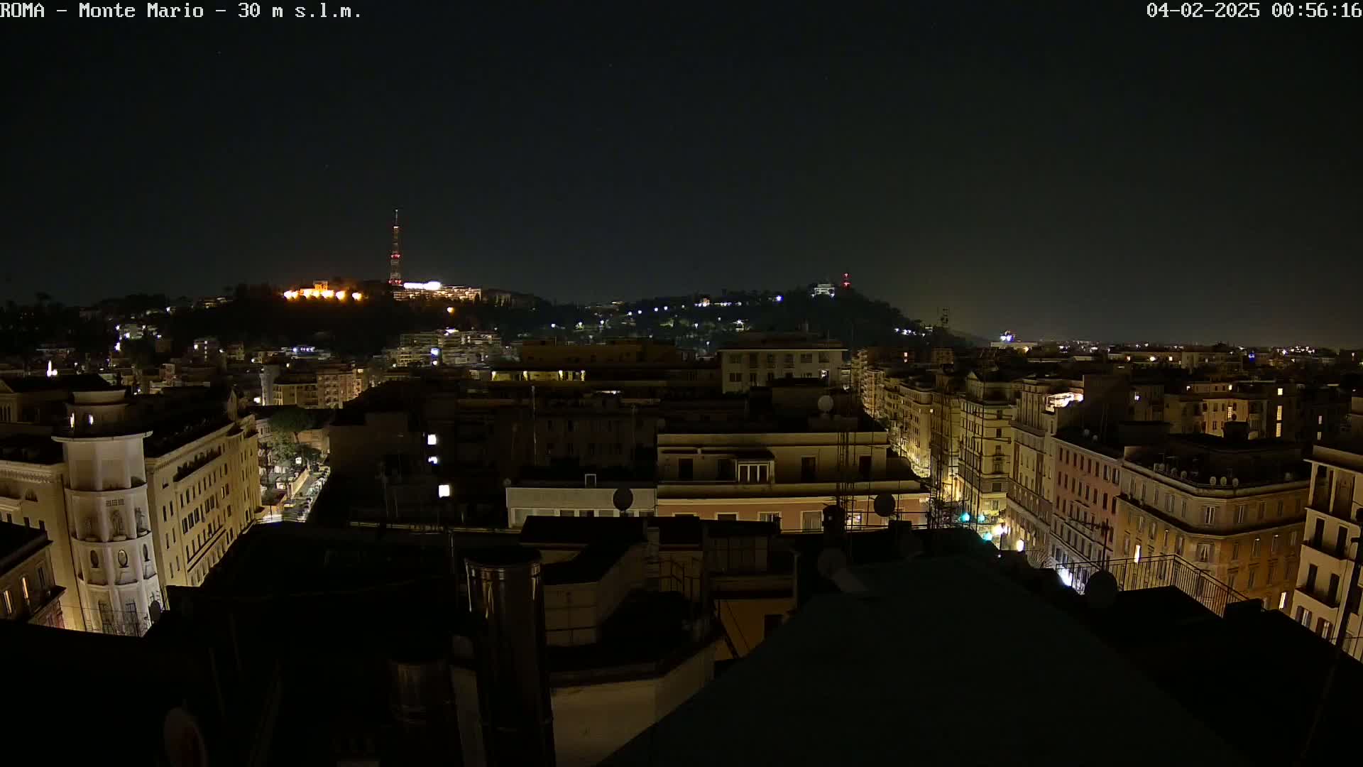 A nighttime view of a city, illuminated by streetlights and building lights, with a hill in the distance under a clear, dark sky.